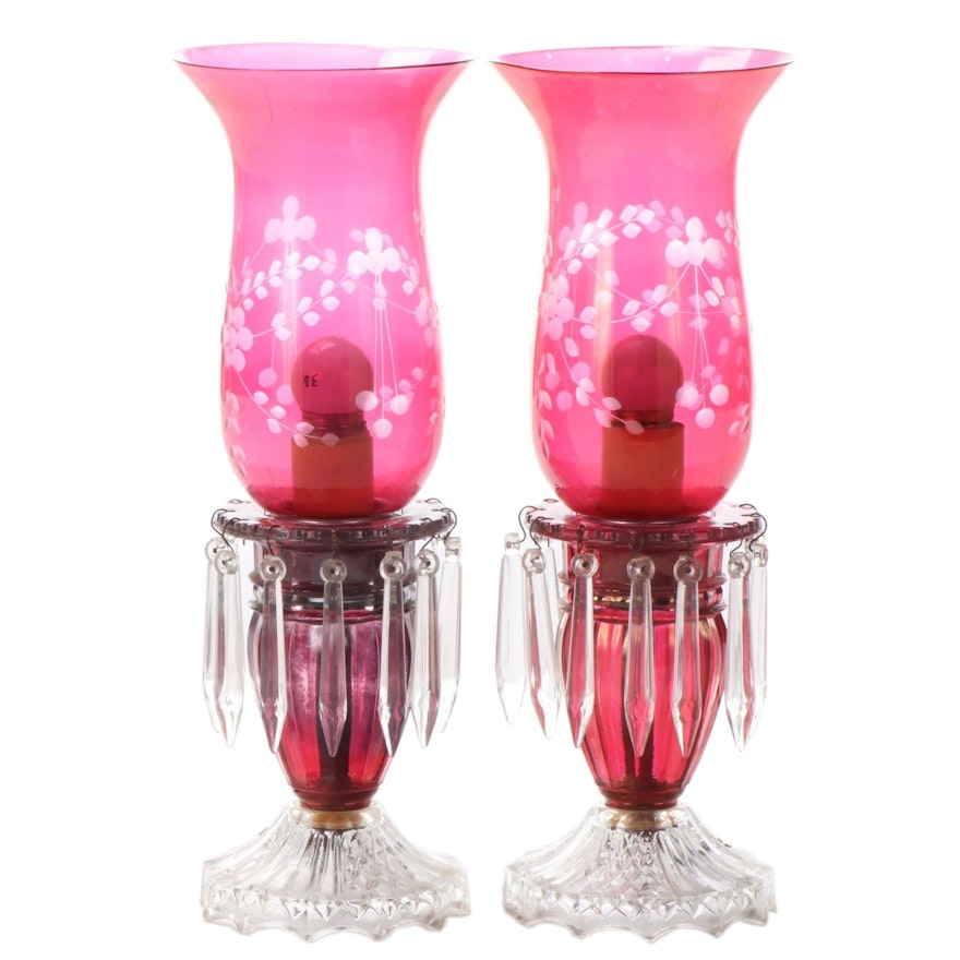 Pair of Mantel Lustre Lamps with Etched Cranberry Glass Hurricanes, Mid-20th C.