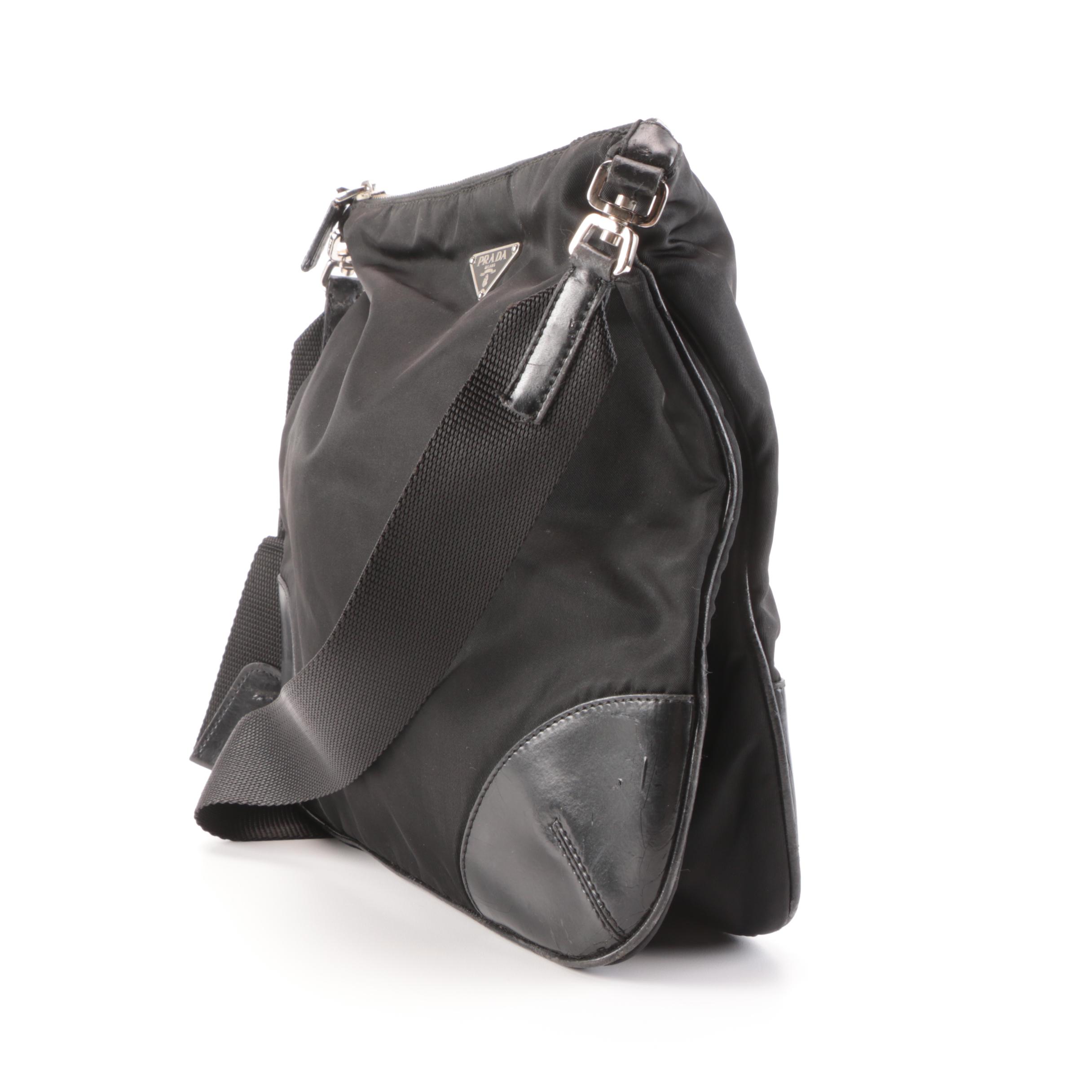 Prada Shoulder Bag in Black Tessuto Nylon and Leather with Grommet Strap