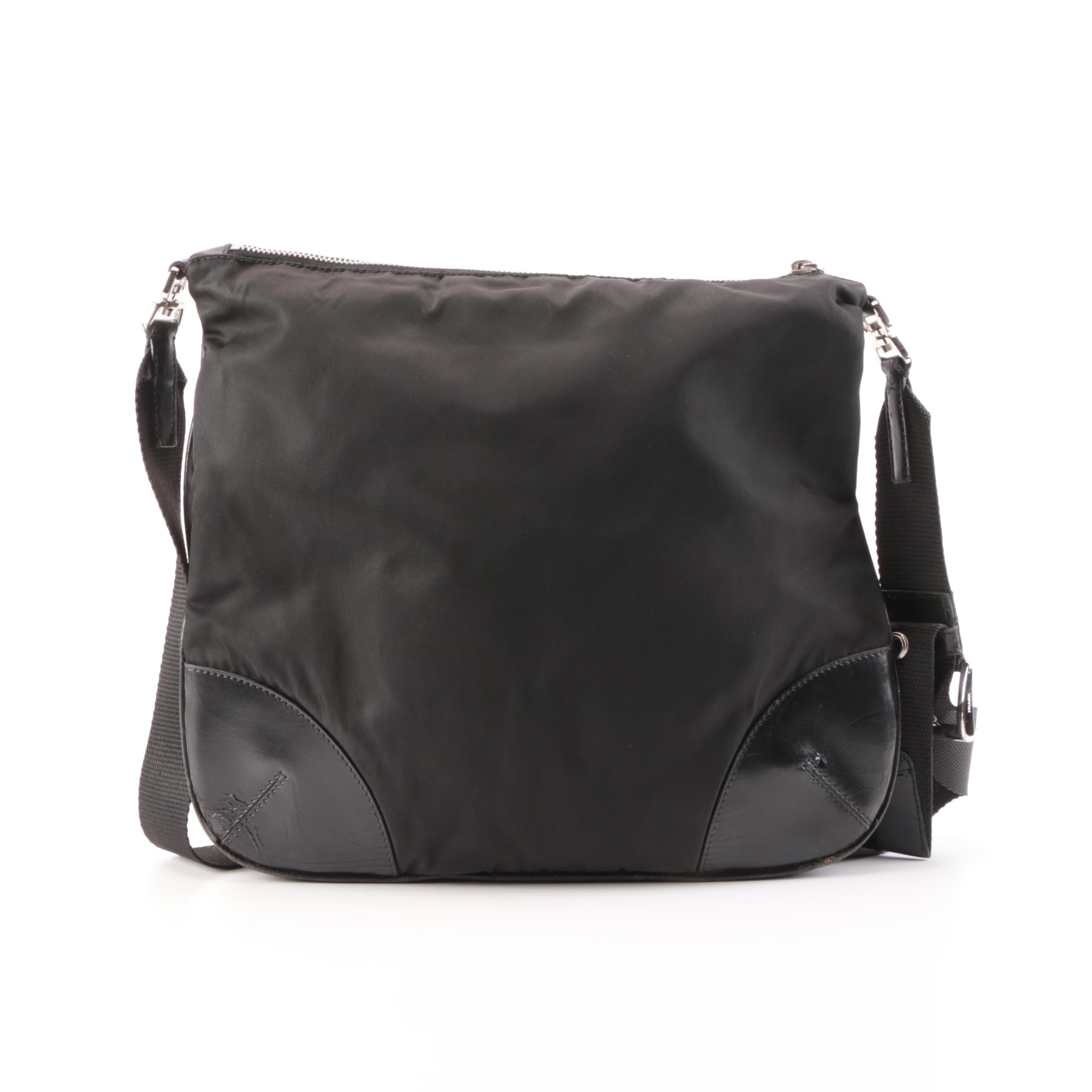 Prada Shoulder Bag in Black Tessuto Nylon and Leather with Grommet Strap