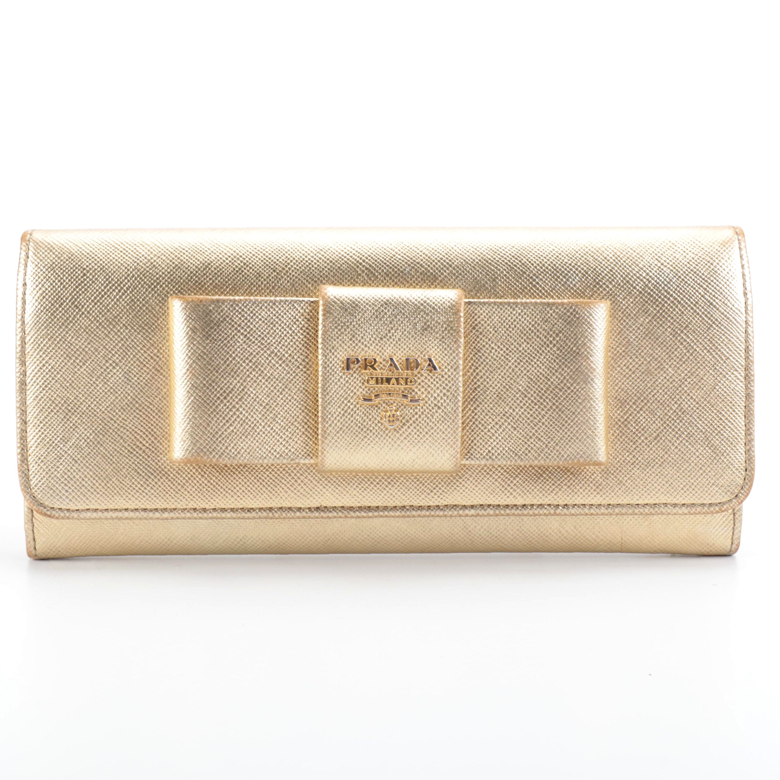 Prada Long Wallet in Metallic Gold Saffiano Leather with Box