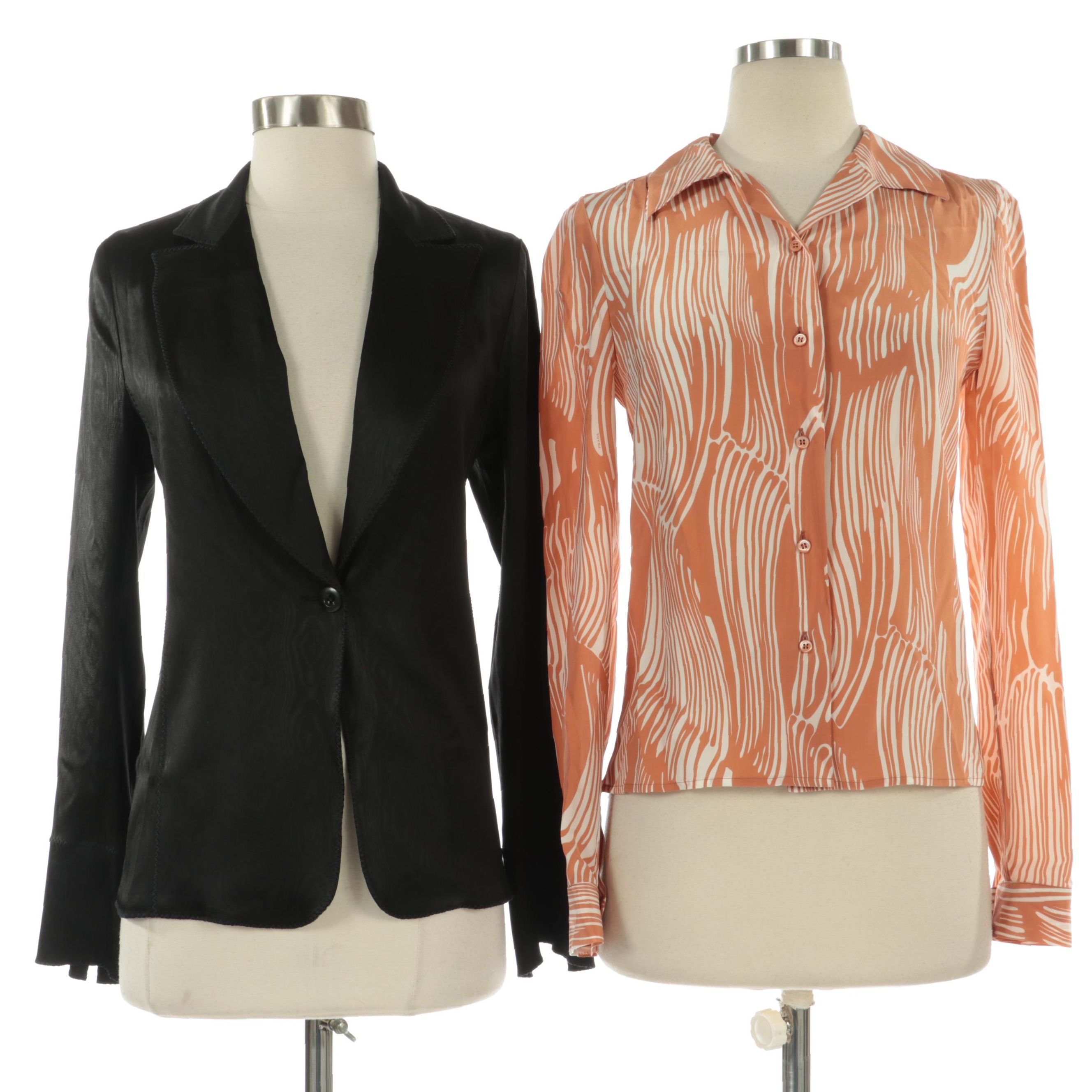 Prada Printed Silk Blouse and Diane von Furstenberg Black Blazer