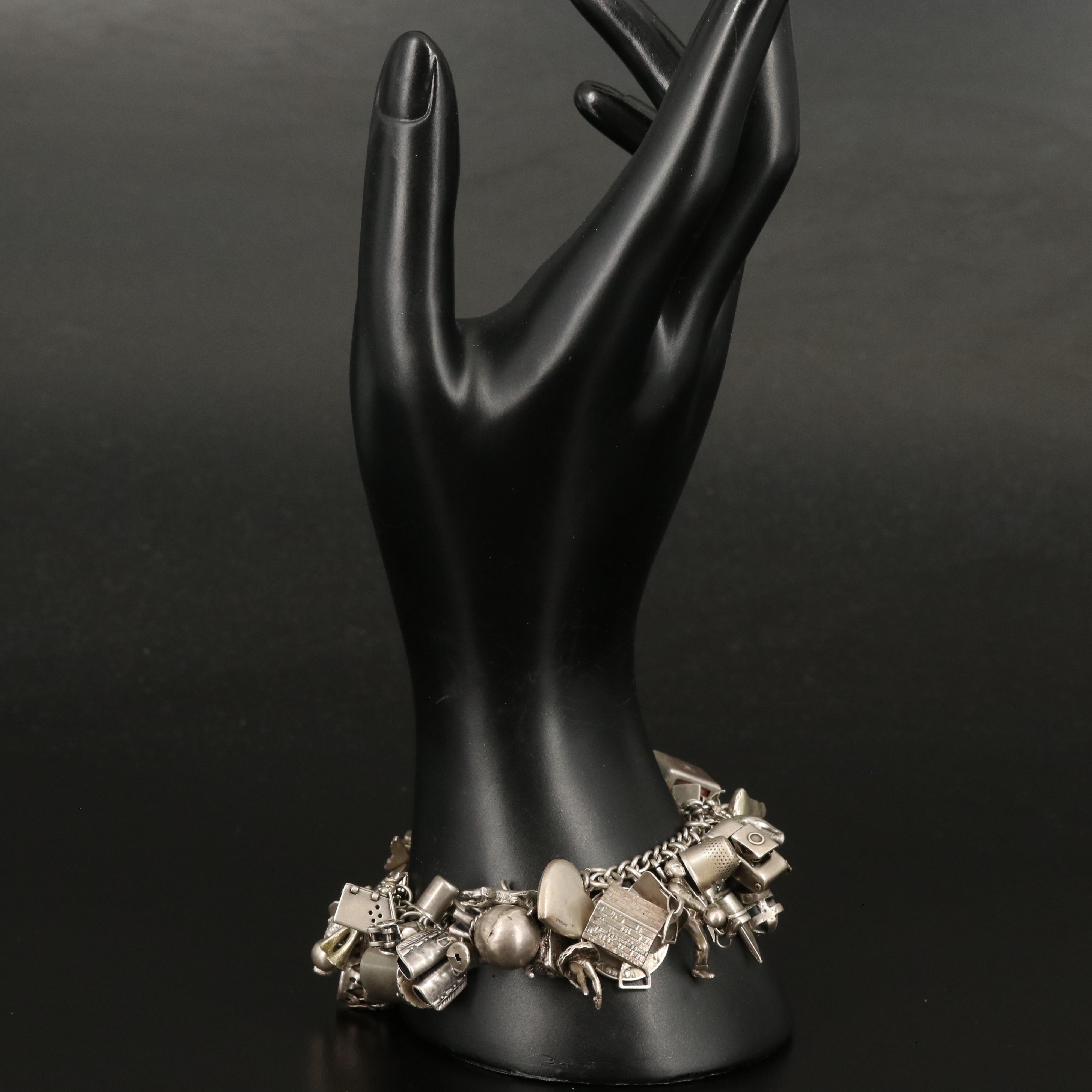 Vintage Sterling Charm Bracelet with Bowler and Military Charms