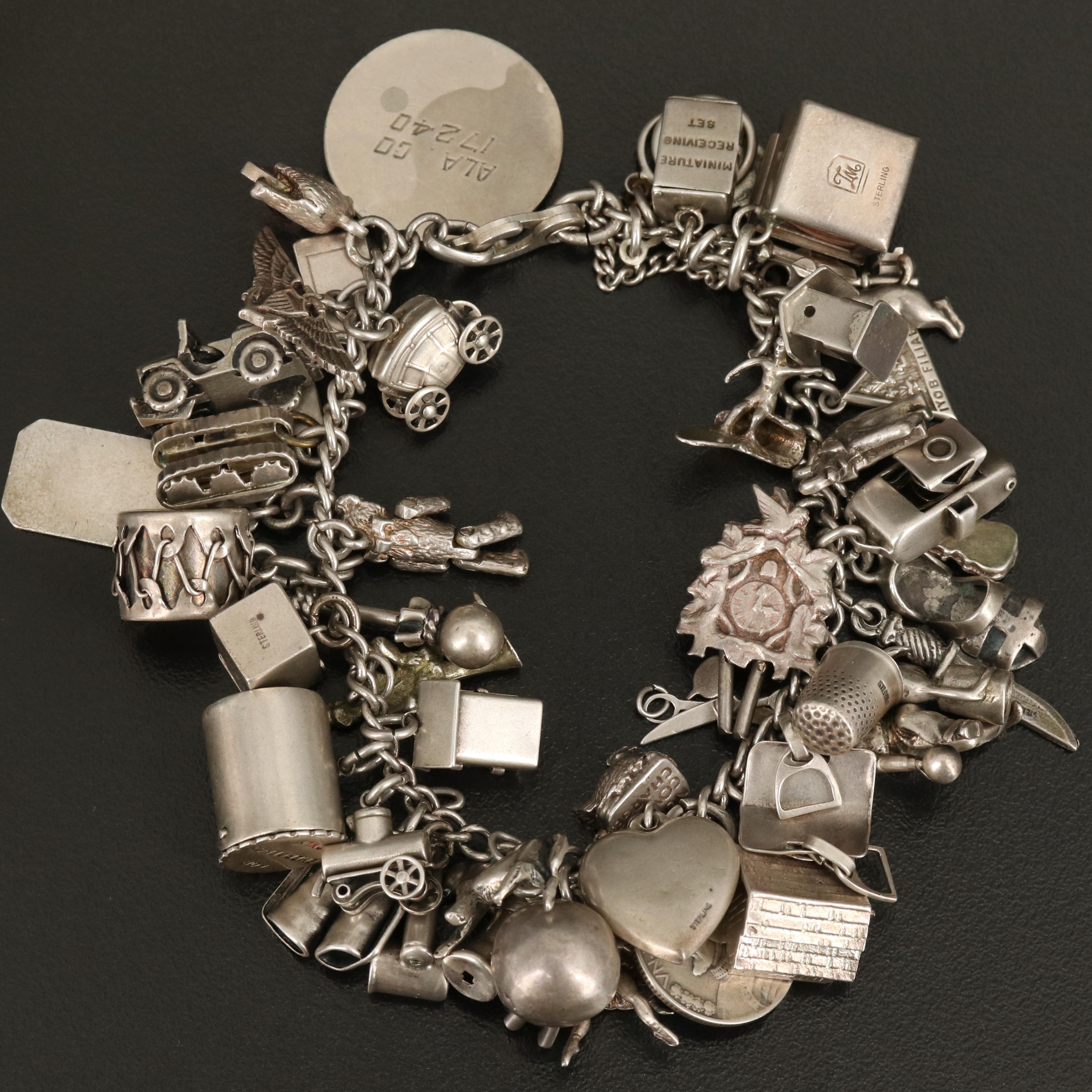 Vintage Sterling Charm Bracelet with Bowler and Military Charms