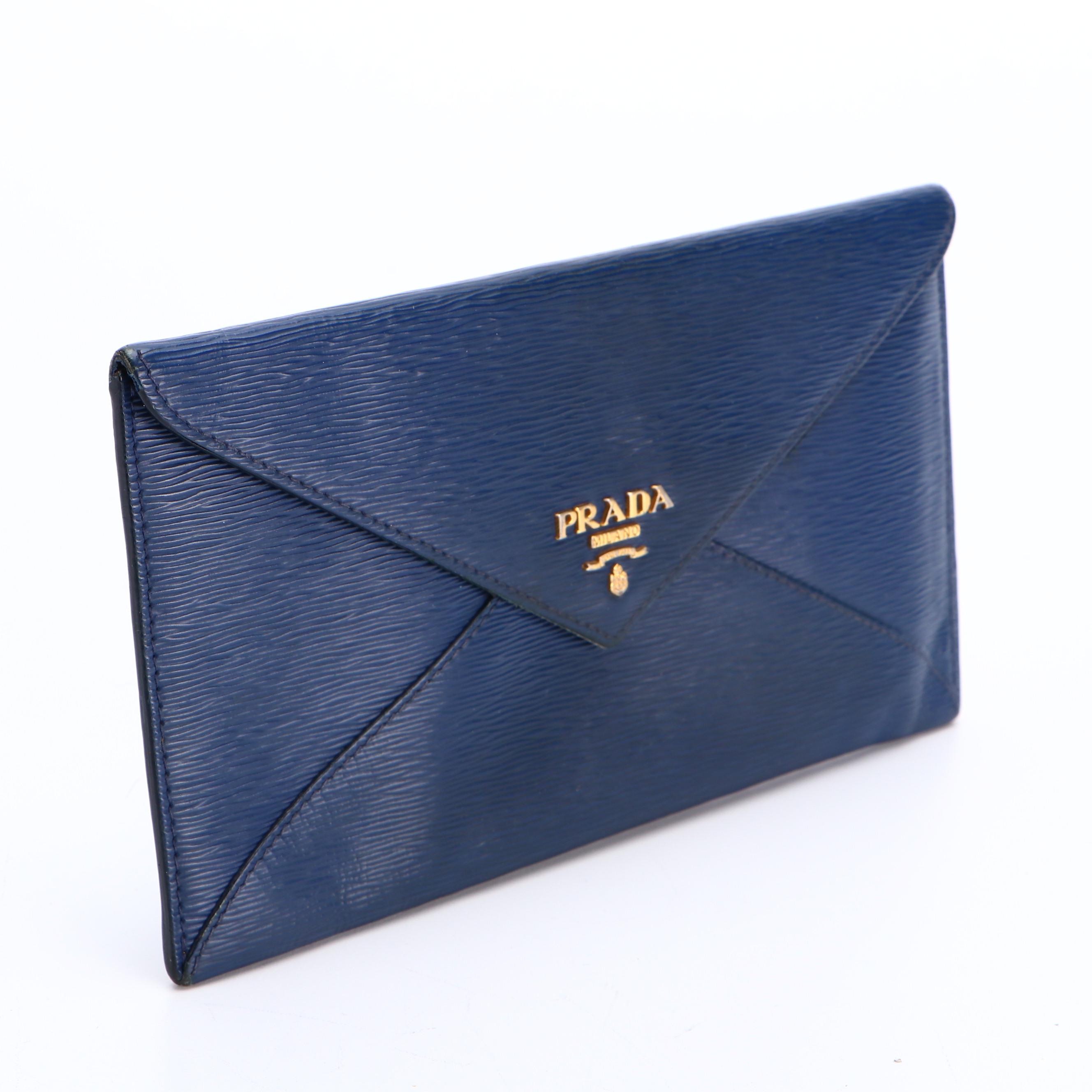 Prada Busta Con Pattina Wallet in Blue Vitello Move Leather