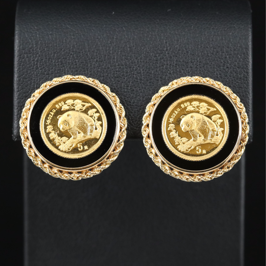 Chinese 1997 Panda Coin Earrings with 14K Braided Frame