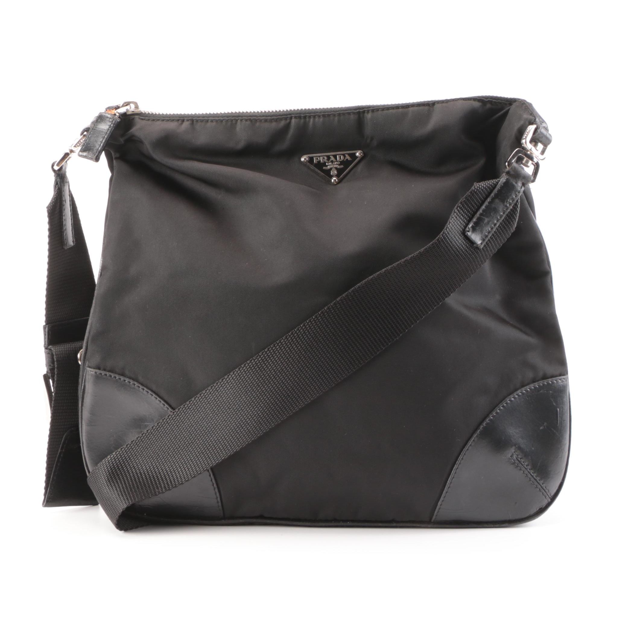 Prada Shoulder Bag in Black Tessuto Nylon and Leather with Grommet Strap