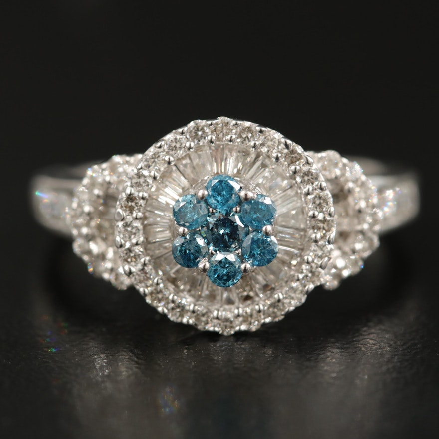 14K 0.98 CTW Diamond Ring Featuring Fancy Blue Diamonds
