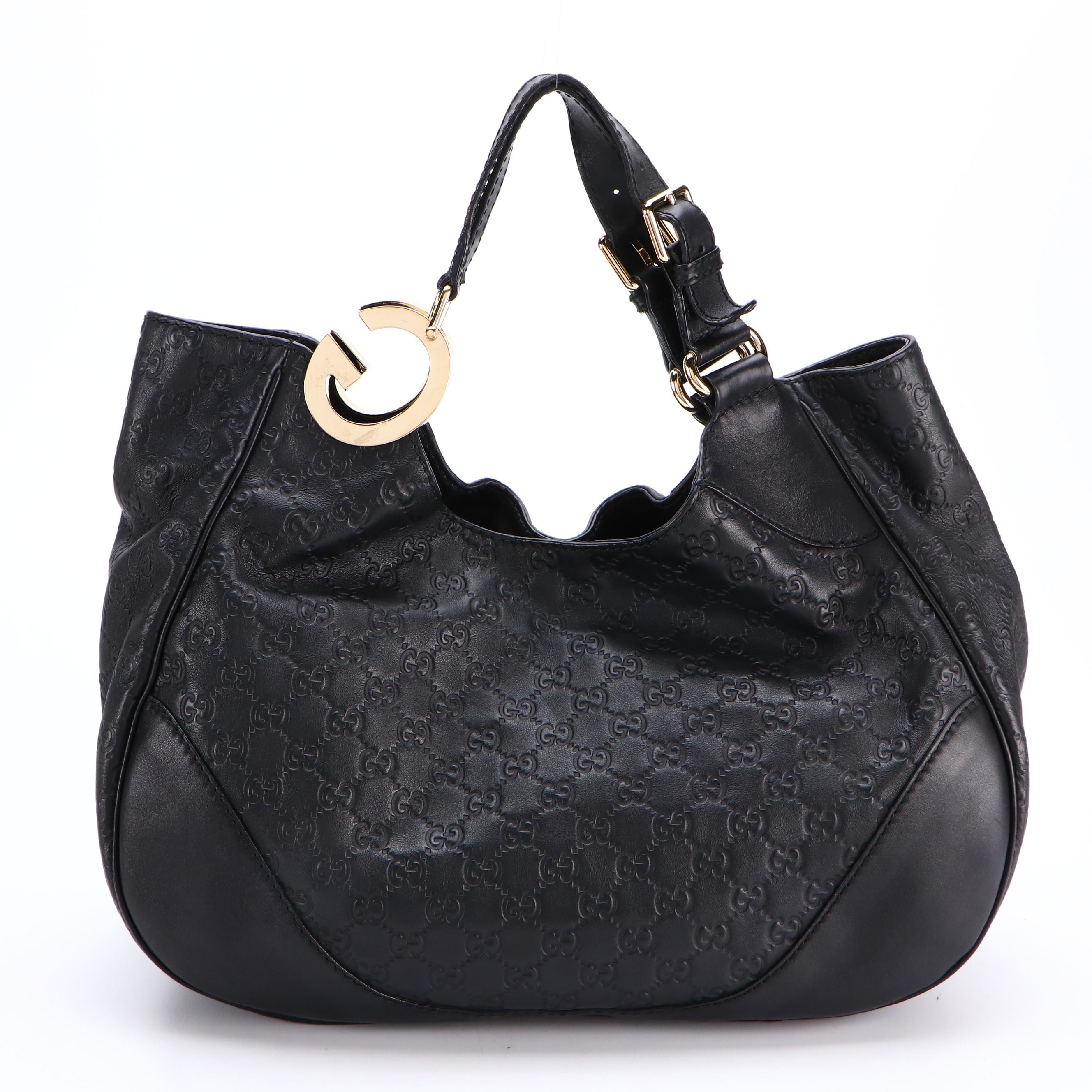 Gucci Charlotte Tote Hobo Bag in Black Guccissima and Smooth Leather
