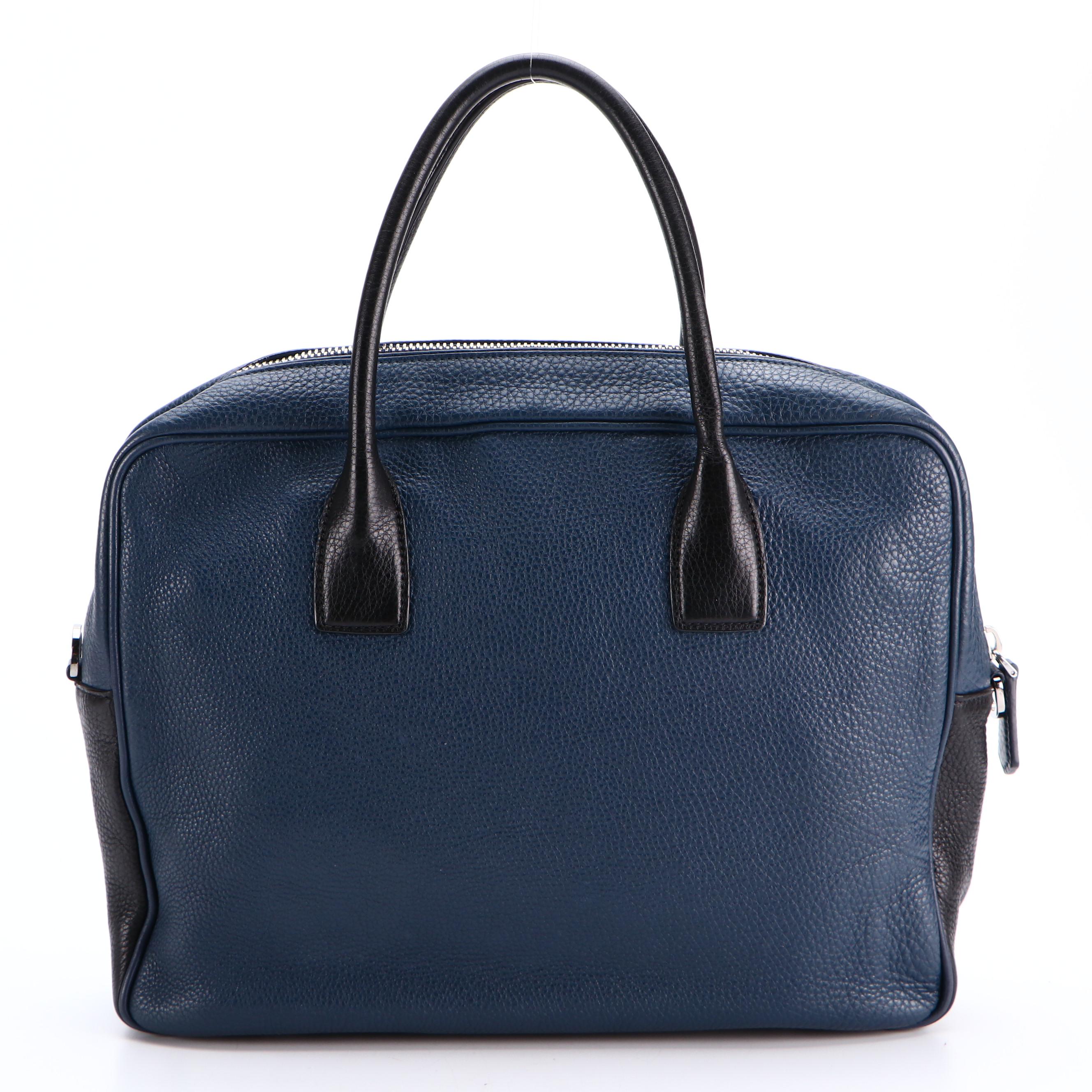 Prada Work Bag in Bicolor Blue and Black Vitello Daino Leather