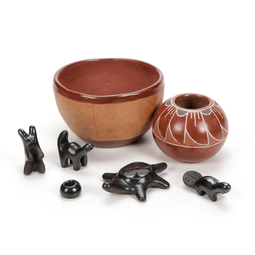 Santa Clara, Native American Carved Decorative Clay Bowls and Animal Figurines