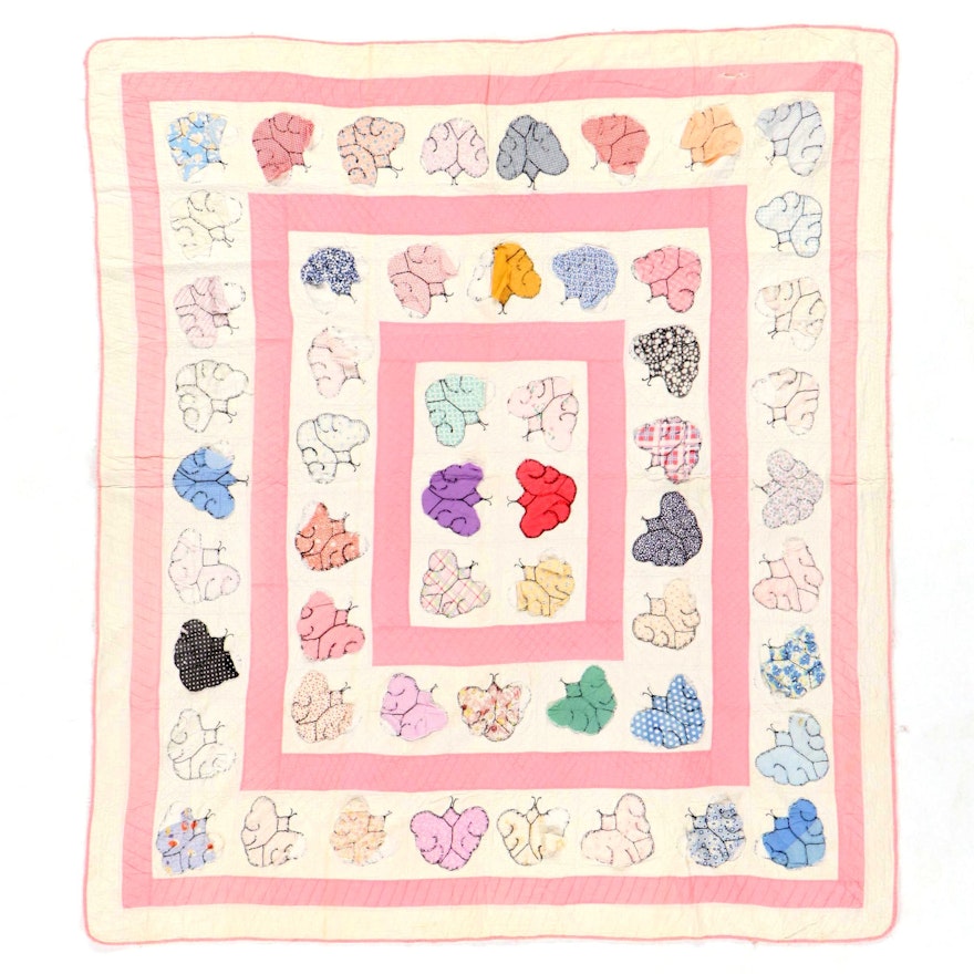 Handmade Butterfly Appliqué Quilt, Early to Mid-20th Century