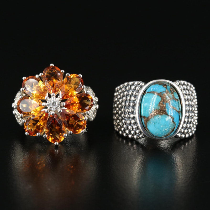 Michael Dawkins Sterling Turquoise Ring and Citrine Flower Ring