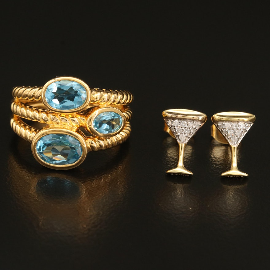 Sterling Diamond Martini Stud Earrings and Topaz Multi-Row Ring