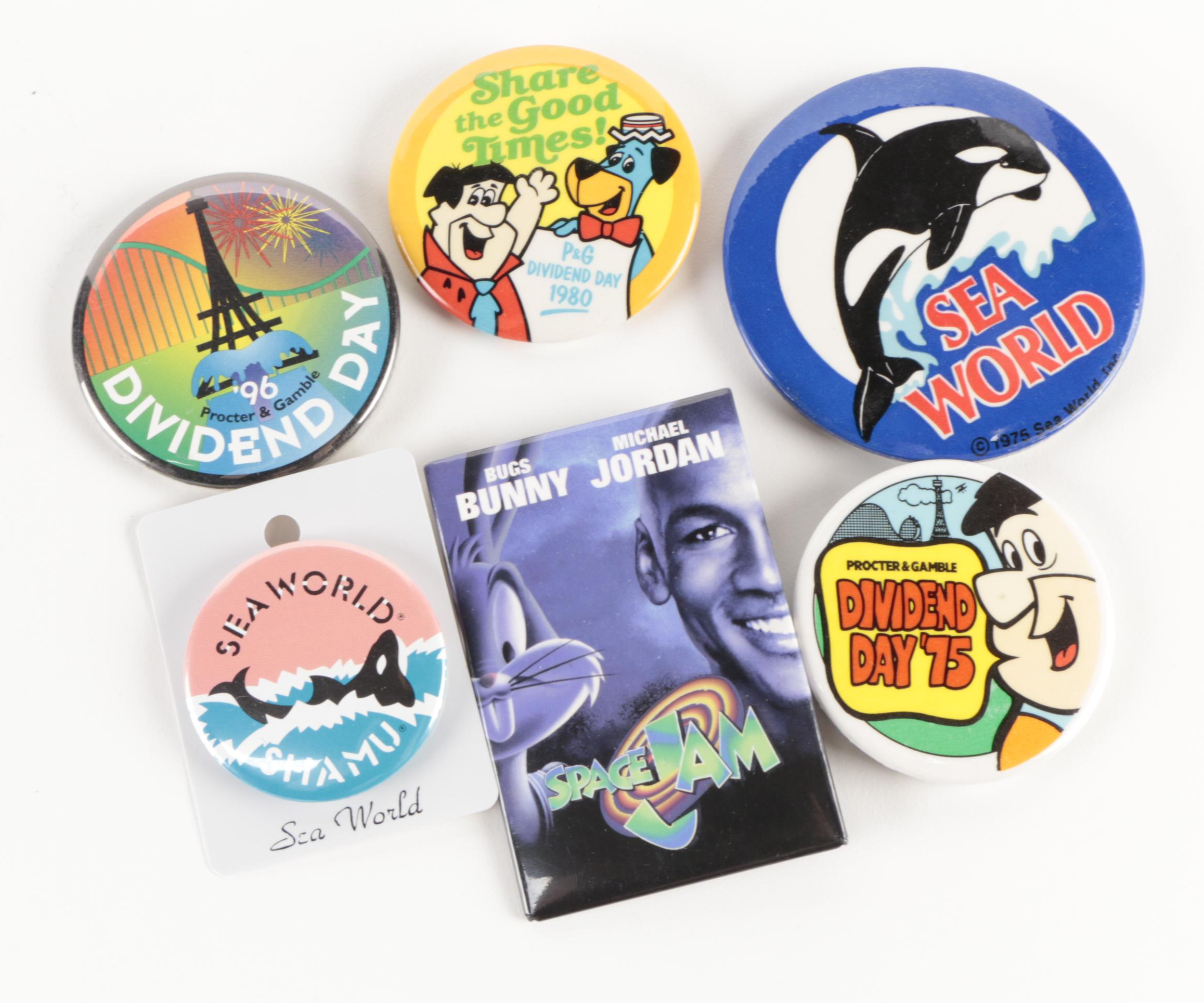 Pinbacks Featuring Kings Island, P&G and Sea World, 1980s - 1990s