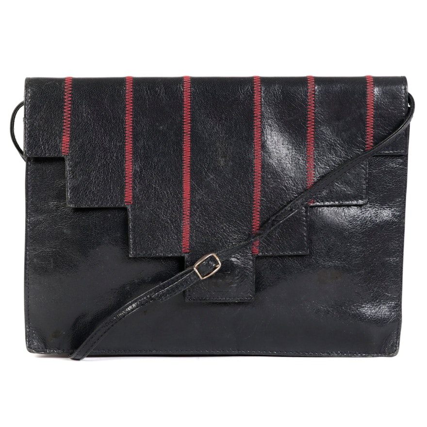 Fendi Leather Front Flap Bag with Red Stitching Details