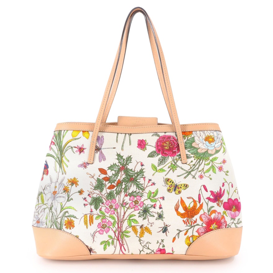 Gucci Botanical Canvas and Brown Leather Tote Bag