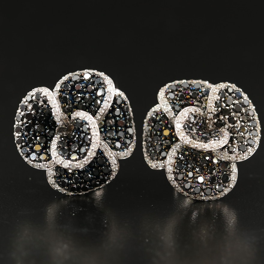 14K 3.54 Diamond Flower Earrings with Contrasting Black Diamonds