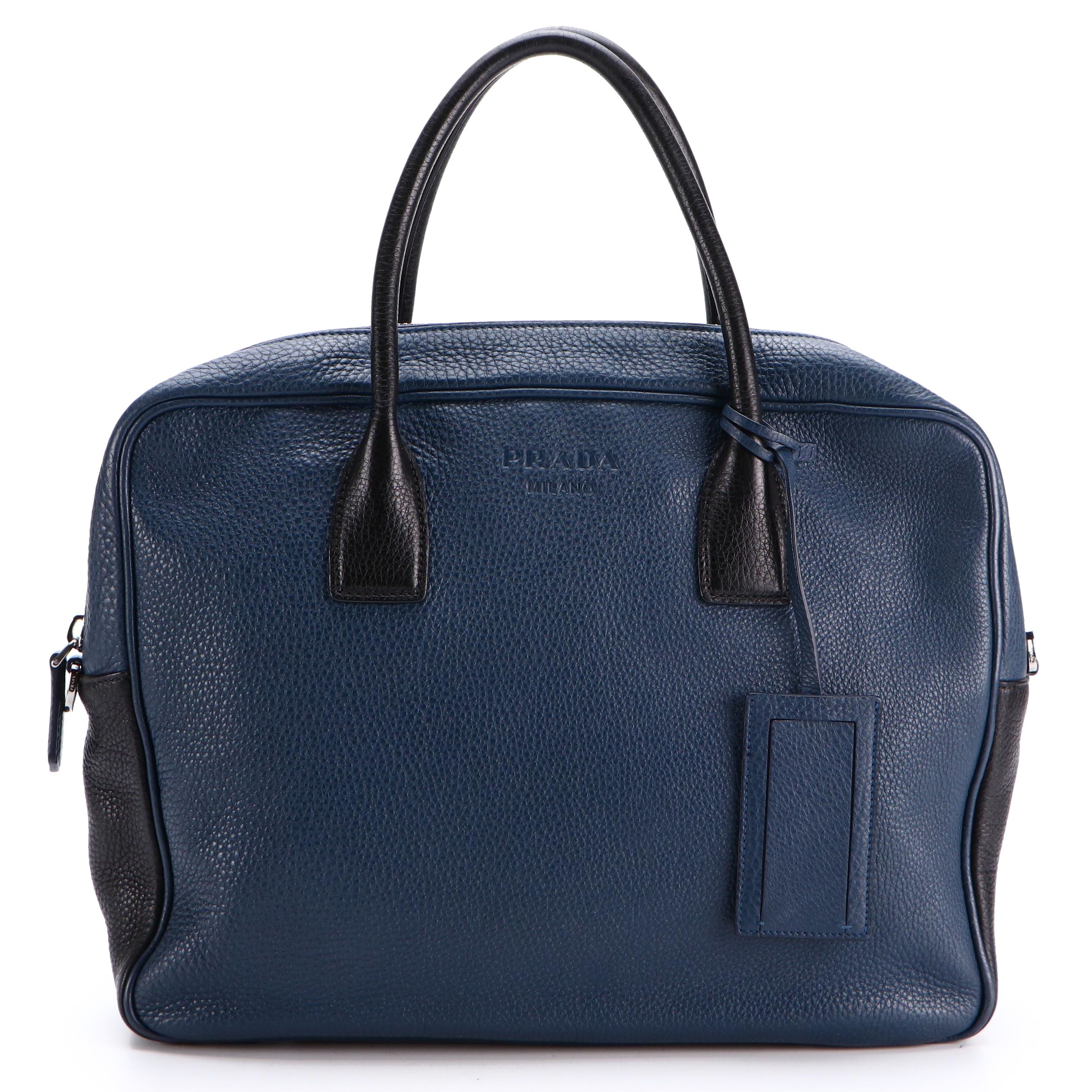 Prada Work Bag in Bicolor Blue and Black Vitello Daino Leather