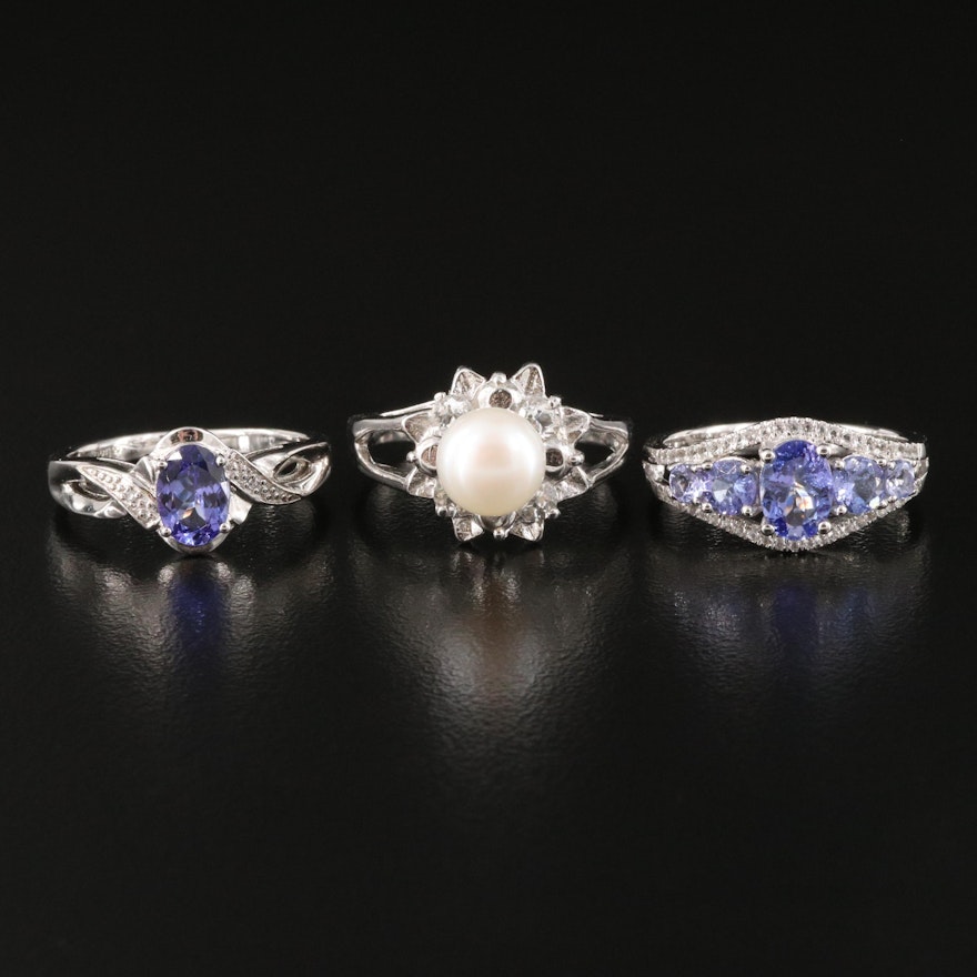 Sterling Silver Pearl, Tanzanite a nd White Topaz Rings