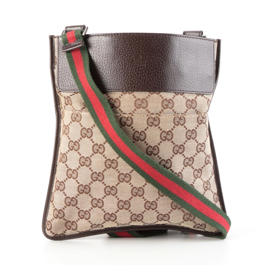 Gucci GG Canvas Slim Crossbody Bag with Leather Trim and Web Stripe Strap