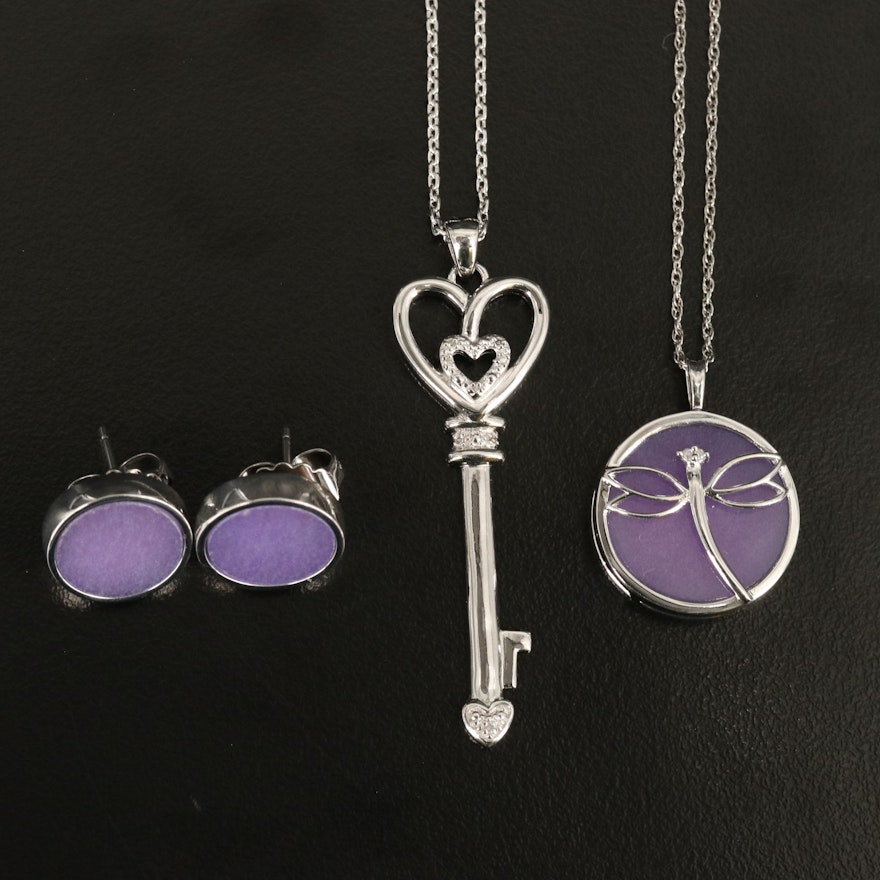 Sterling Dragonfly and Key Pendant Necklaces with Stud Earrings