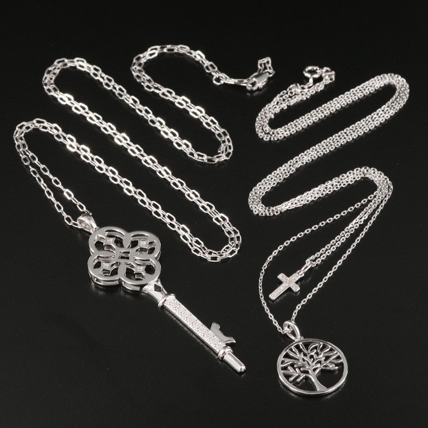 Sterling Silver Diamond, Tree of Life, Cross and Key Pendant Necklaces