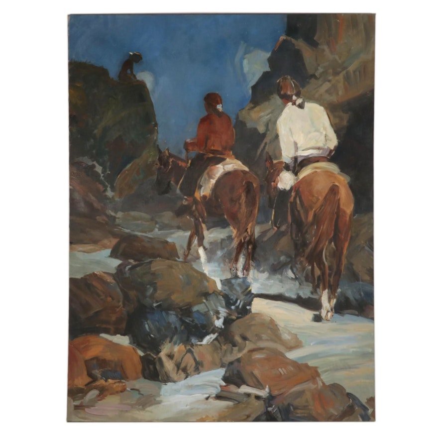 Horseback Riders on Mountain Path Oil Painting, Mid to Late 20th Century