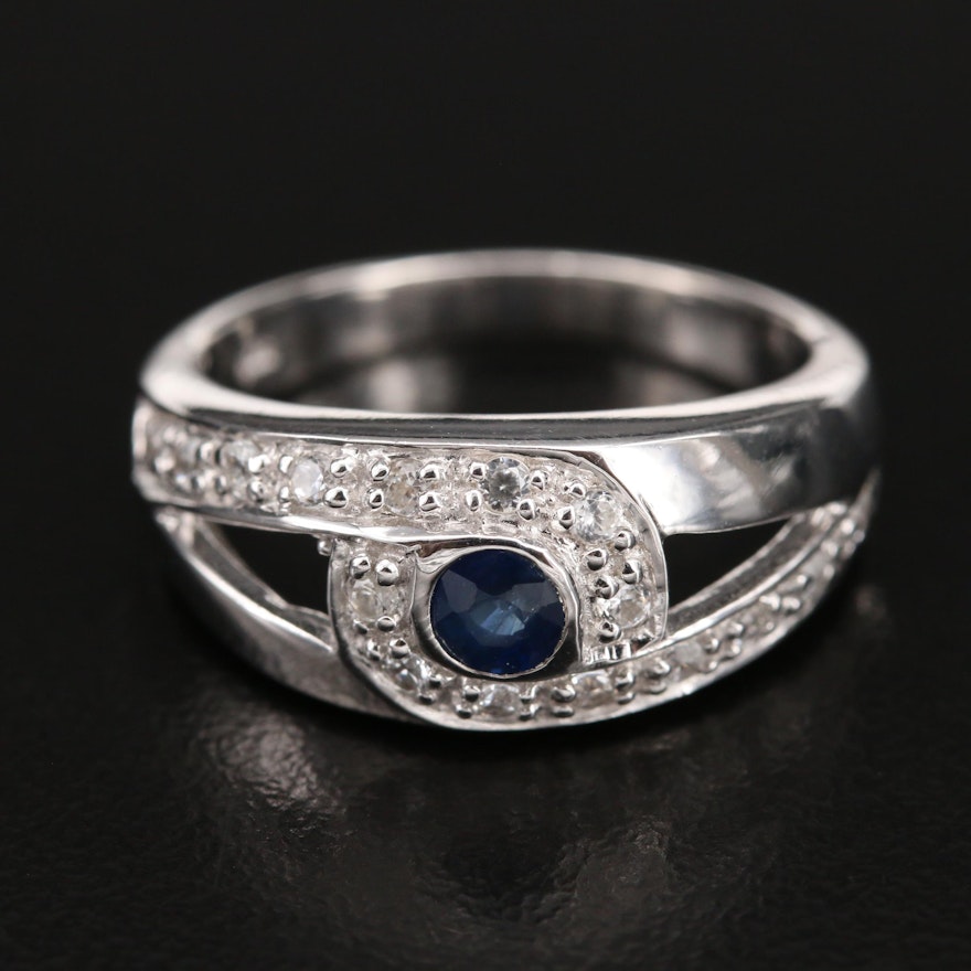 Sterling Sapphire and Zircon Ring with Split Shoulders