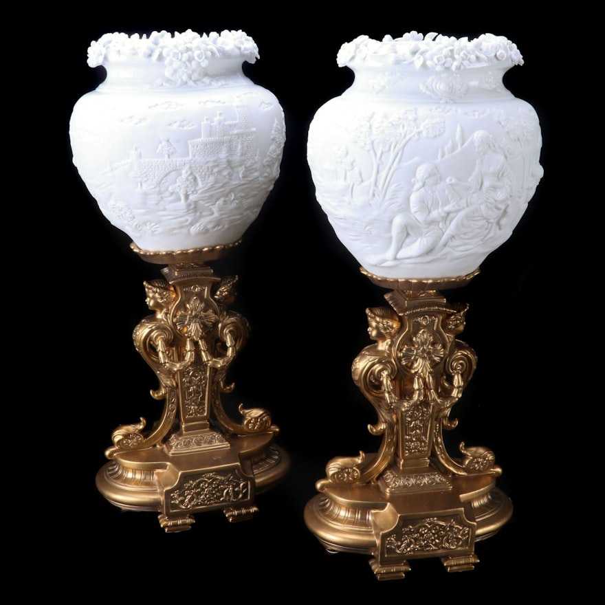 Pair of Ornate Neoclassical Style Gilt Porcelain Lamps
