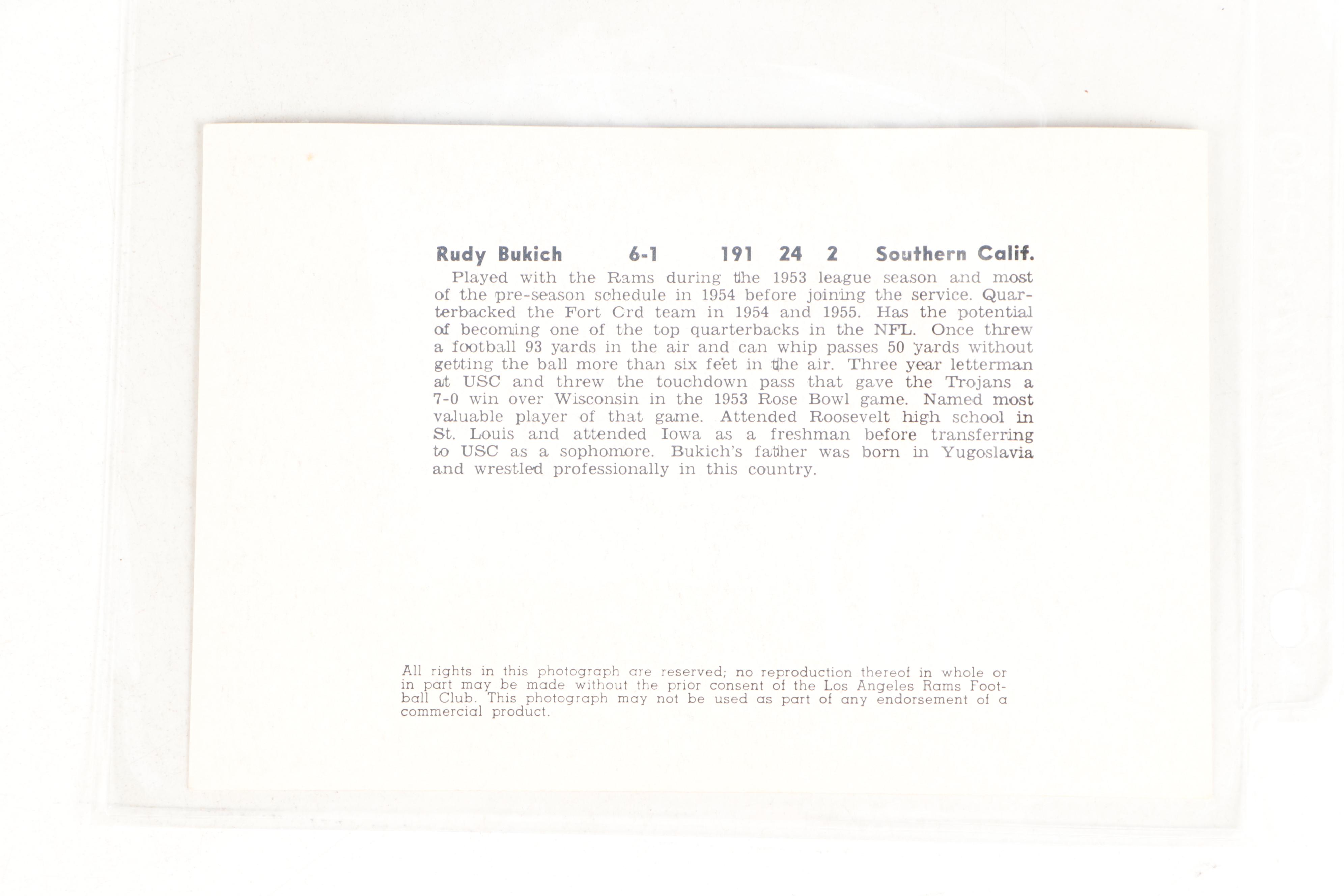 1950s Los Angeles Rams Football Club Player Photos with Protective Sleeves