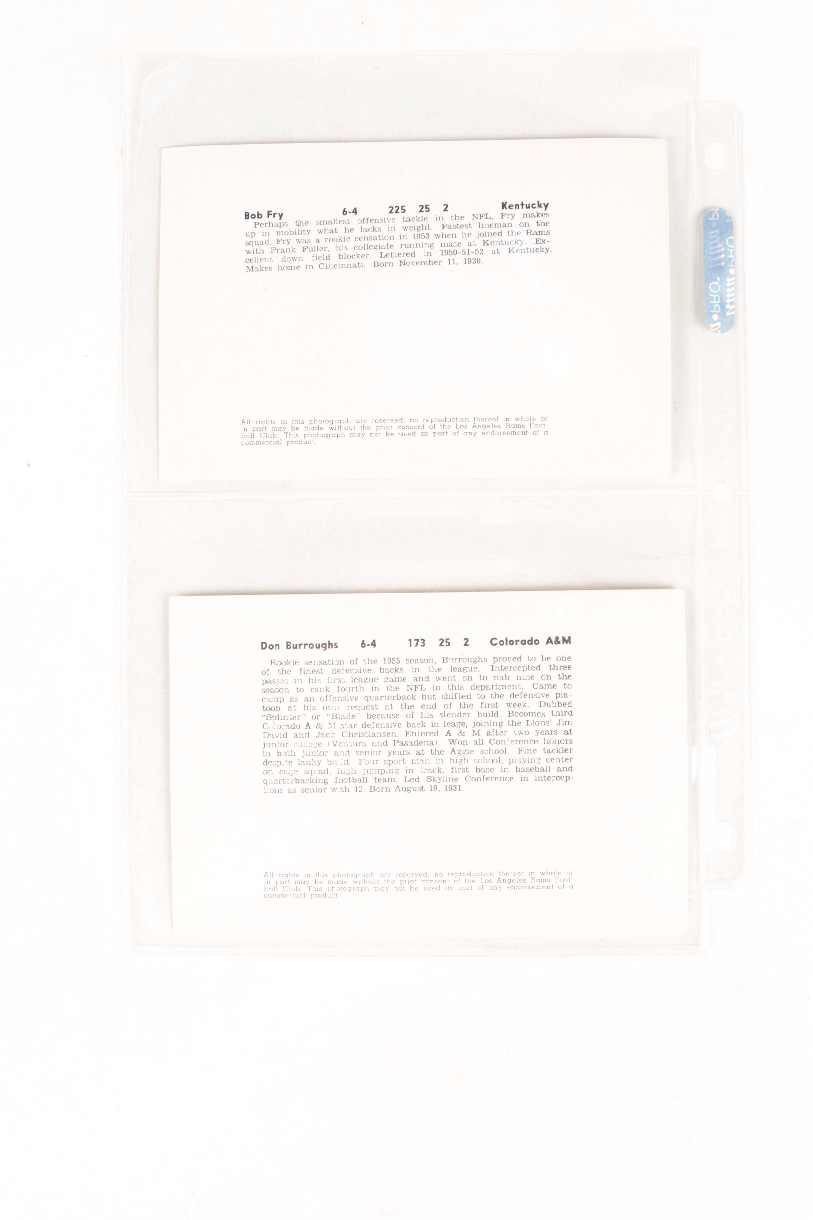 1950s Los Angeles Rams Football Club Player Photos with Protective Sleeves