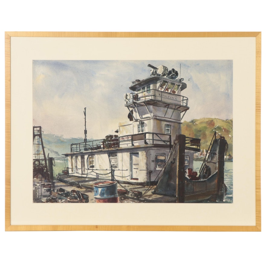 George Williams Watercolor Painting of Diesel Towboat "Kathleen K"