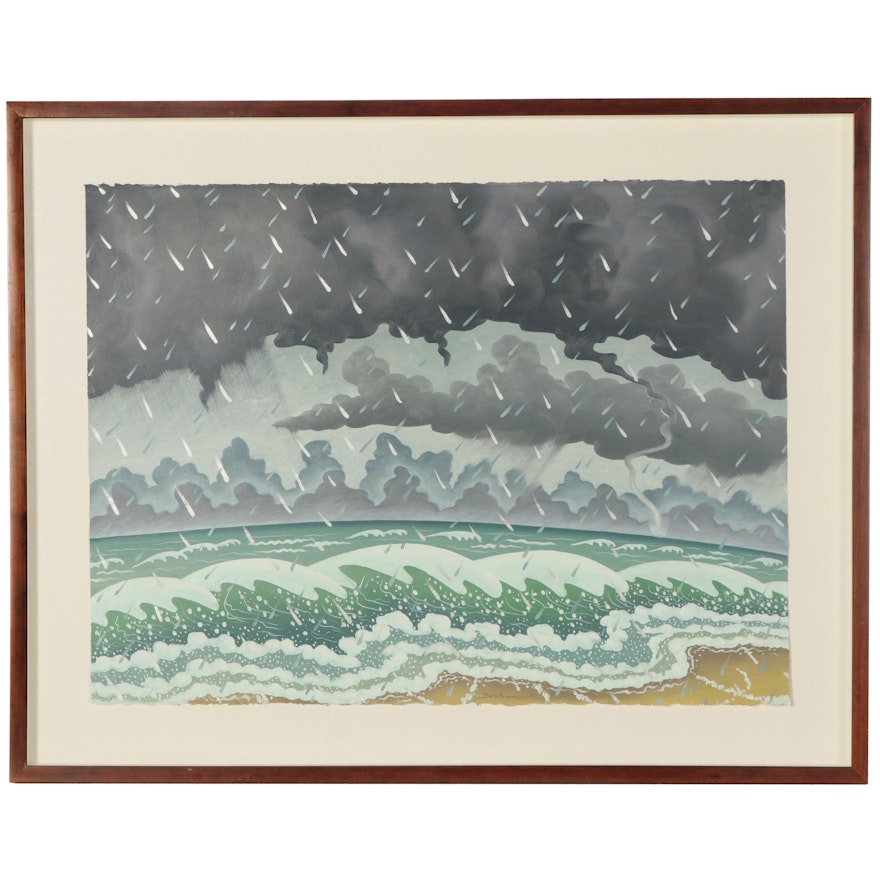 Dan Boldman Stylized Seascape Acrylic Painting, 1989