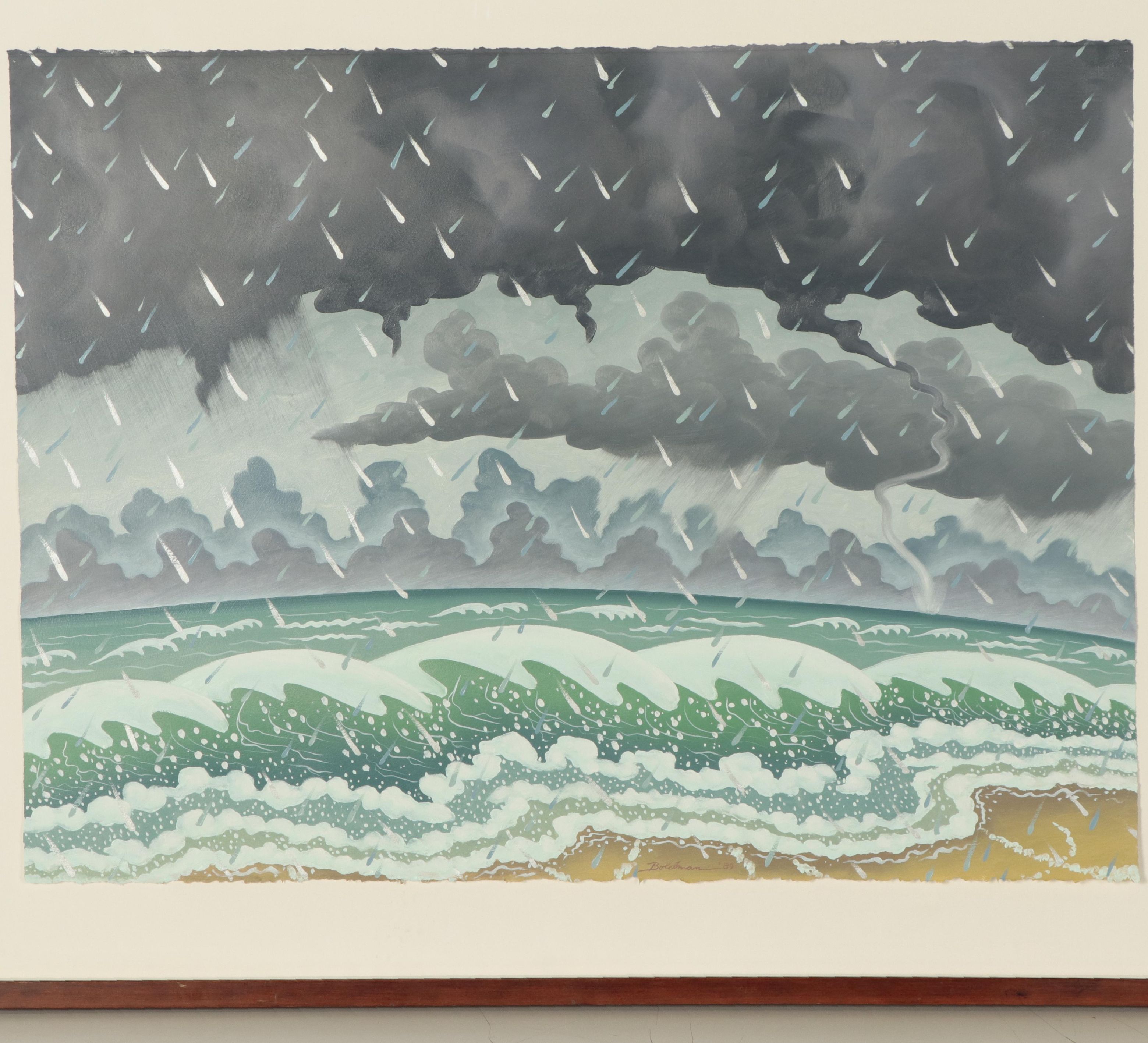 Dan Boldman Stylized Seascape Acrylic Painting, 1989