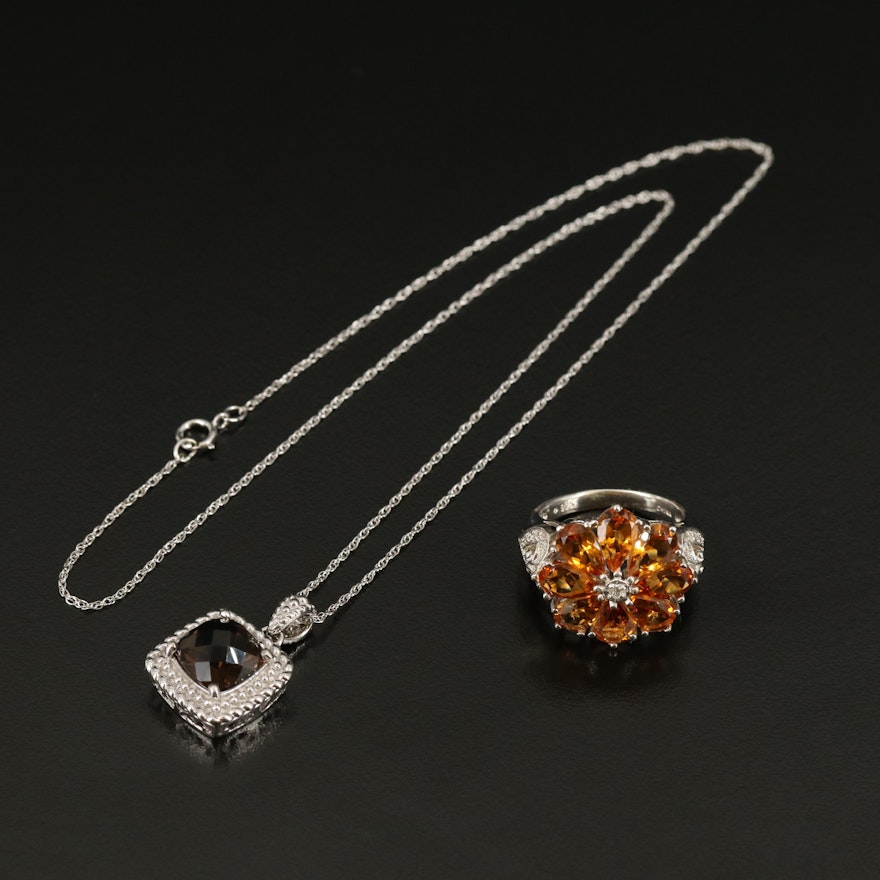 Sterling Ring and Necklace with Smoky Quartz, Citrine and Diamond