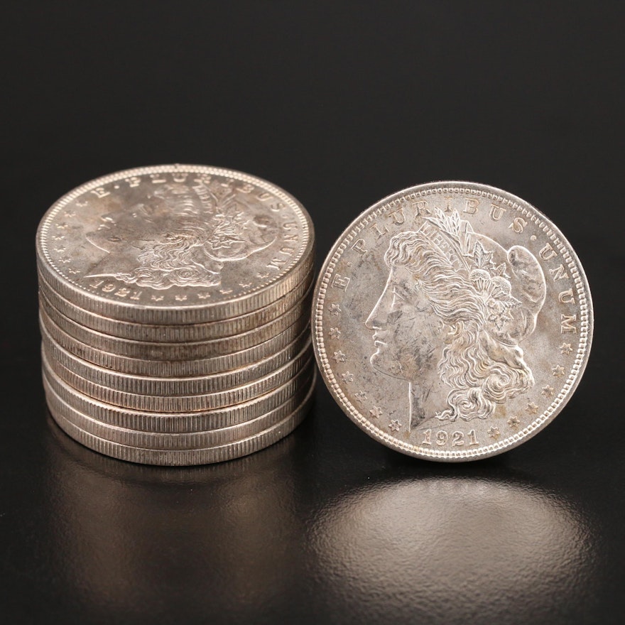 Ten 1921 Morgan Silver Dollars