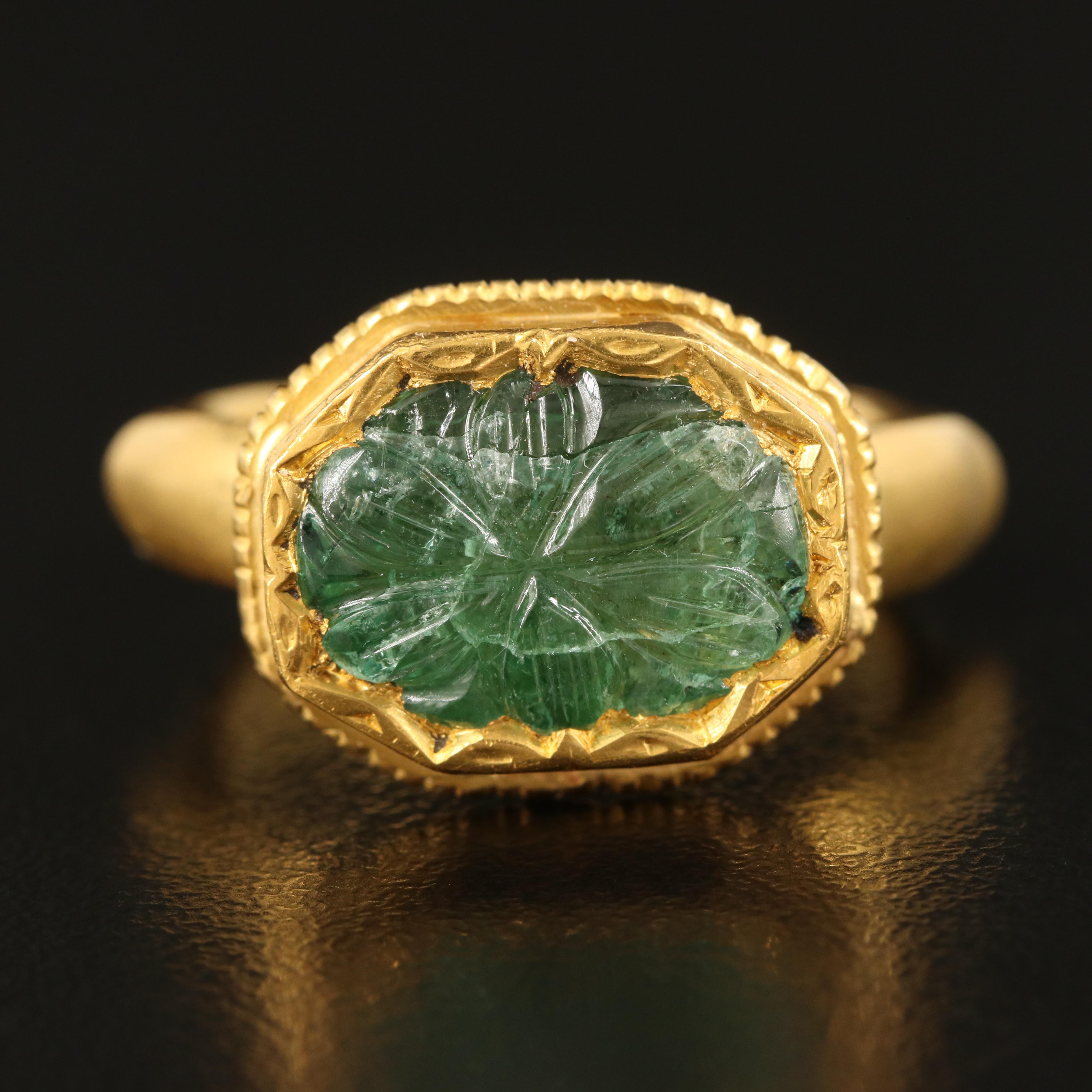 18K Mughal Style Carved Emerald Ring EBTH
