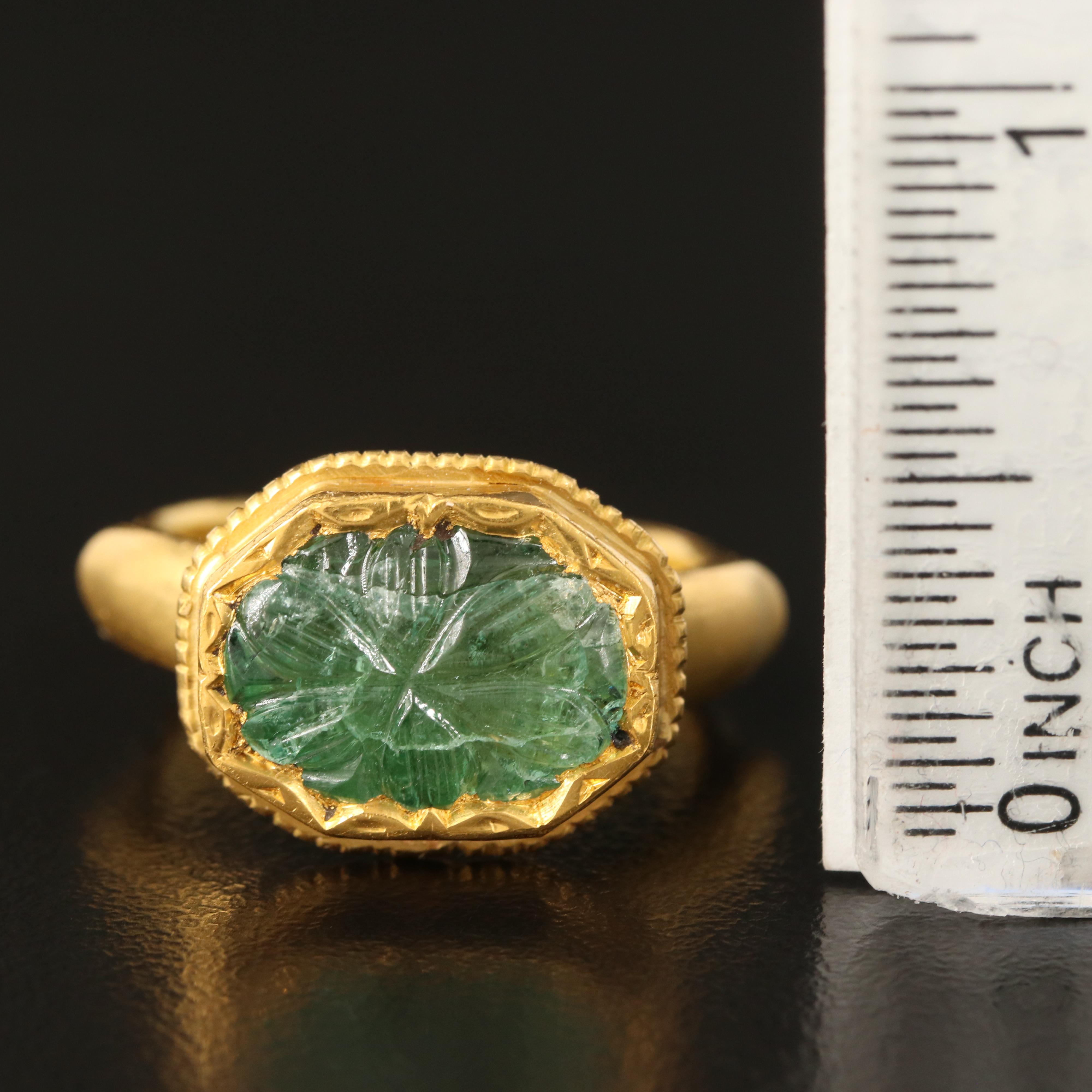 18K Mughal Style Carved Emerald Ring