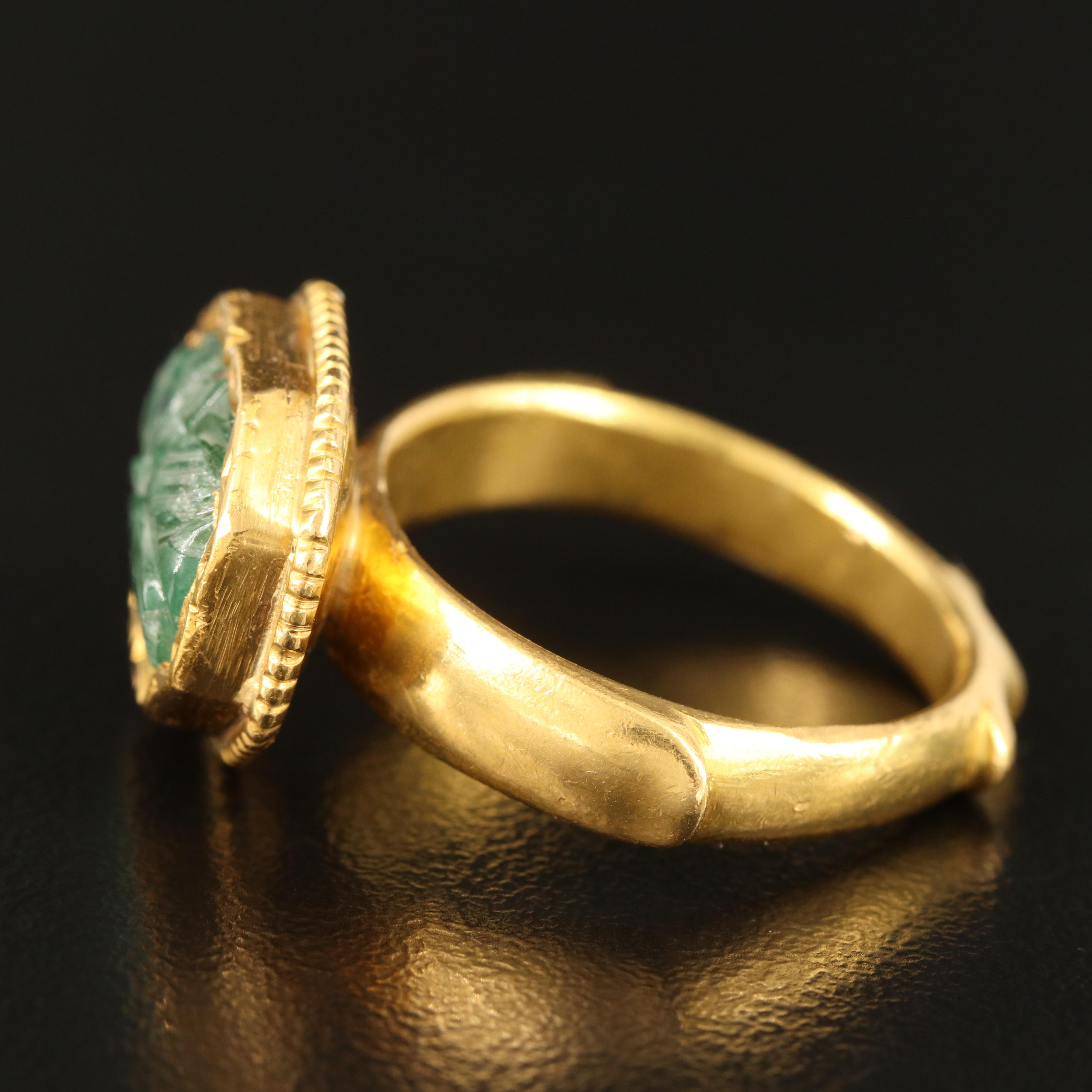18K Mughal Style Carved Emerald Ring