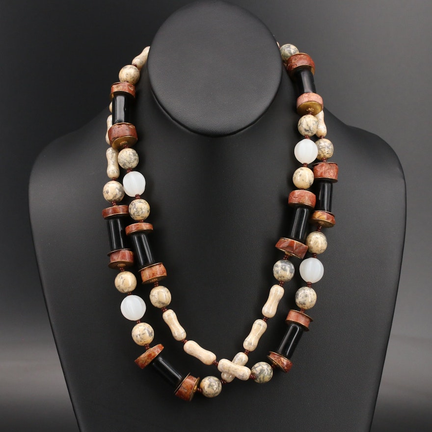 Miriam Haskell Jasper, Onyx and Glass Beaded Necklace