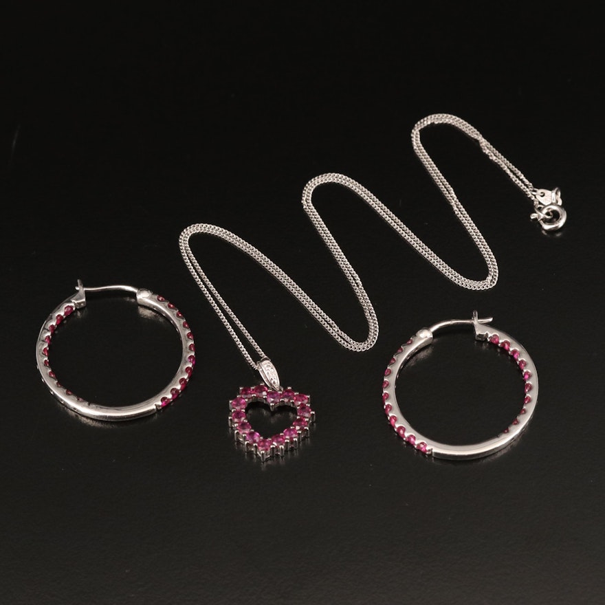 Sterling Inside-Out Hoop Earrings and Heart Necklace Including Ruby and Diamond