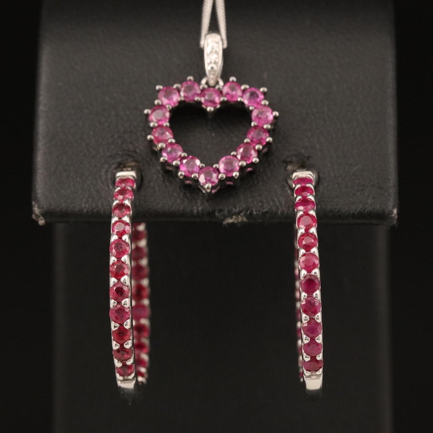 Sterling Inside-Out Hoop Earrings and Heart Necklace Including Ruby and Diamond