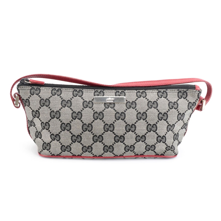 Gucci Boat Pochette Shoulder Bag in GG Canvas with Red Leather