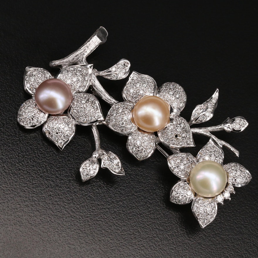 18K Gold Pearl and 3.21 CTW Diamond Floral Branch Brooch