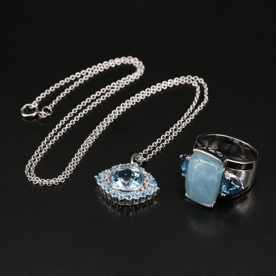 Sterling Ring and Evil Eye Necklace with London and Sky Blue Topaz