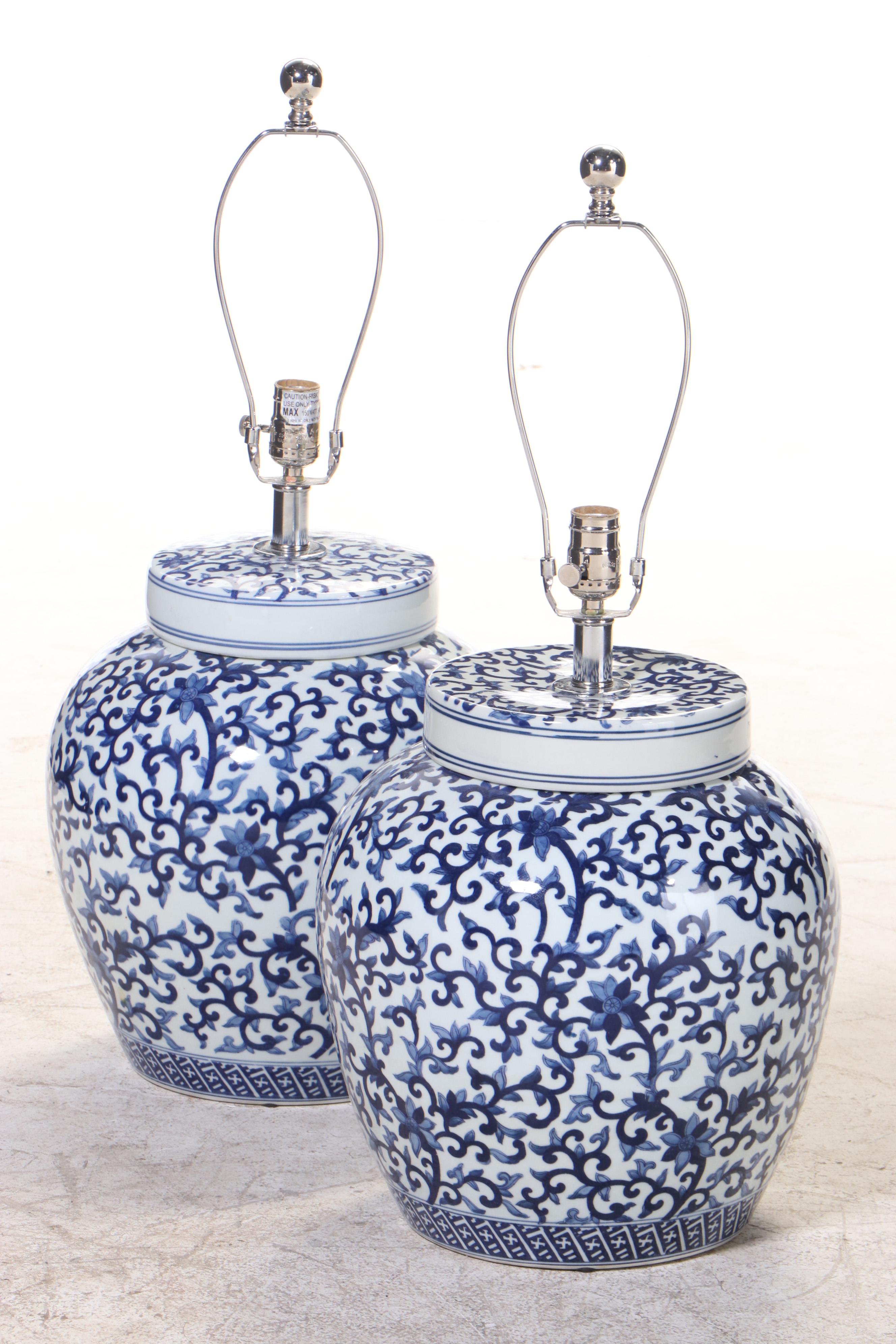 Ralph Lauren Blue and White Ceramic Ginger Jar Table Lamps