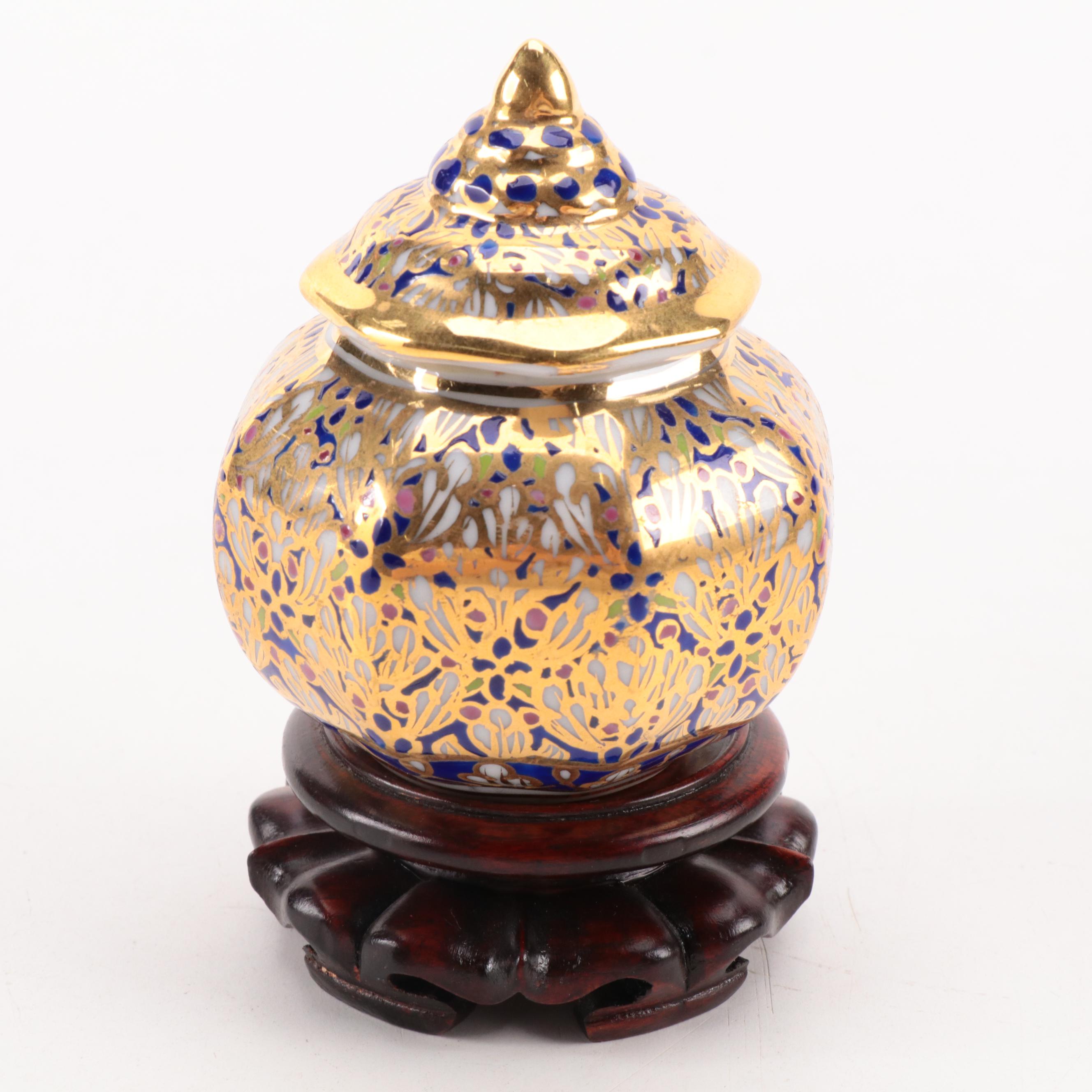 Thai Benjarong Porcelain Jars with Tibetan Silver Jar and Wooden Stands