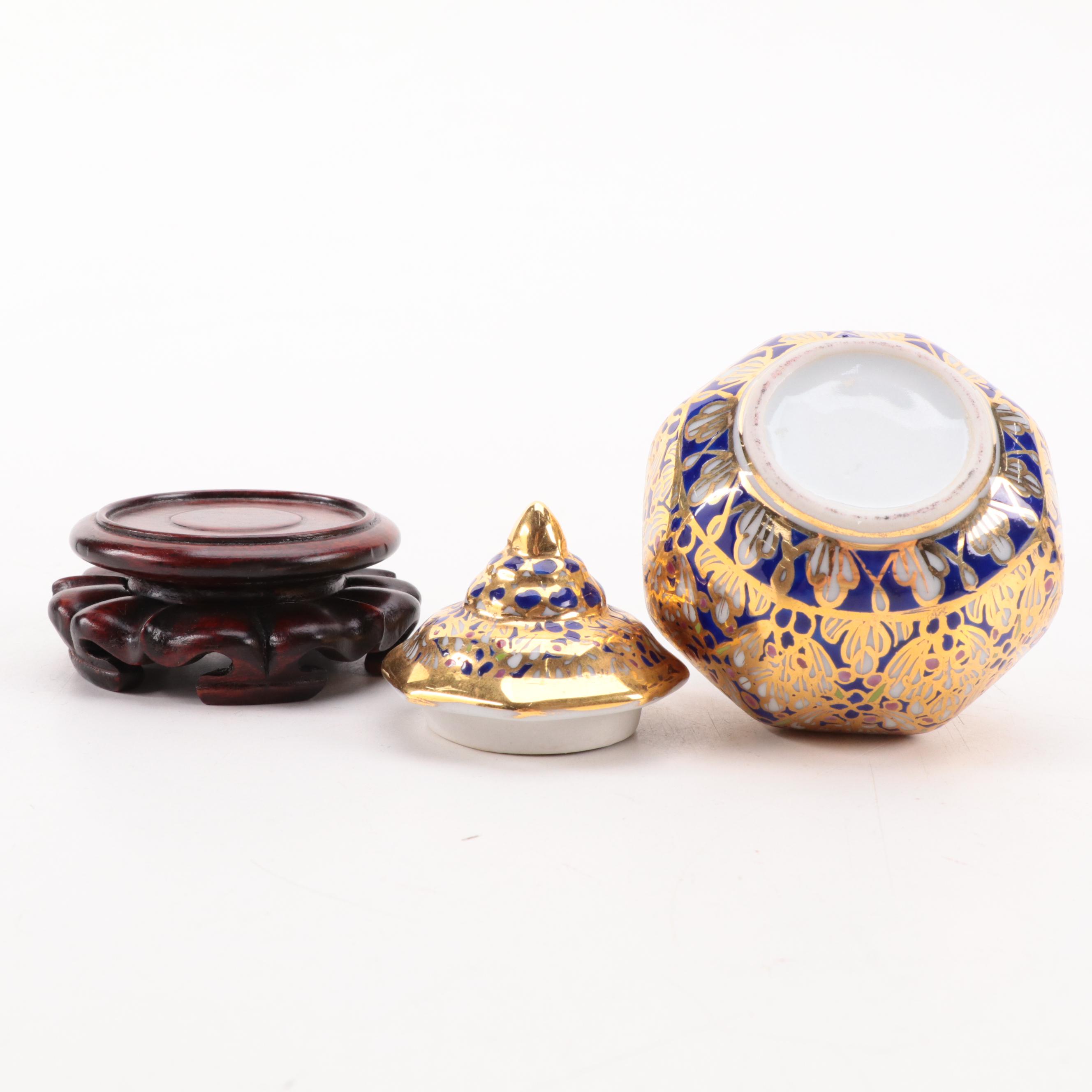 Thai Benjarong Porcelain Jars with Tibetan Silver Jar and Wooden Stands