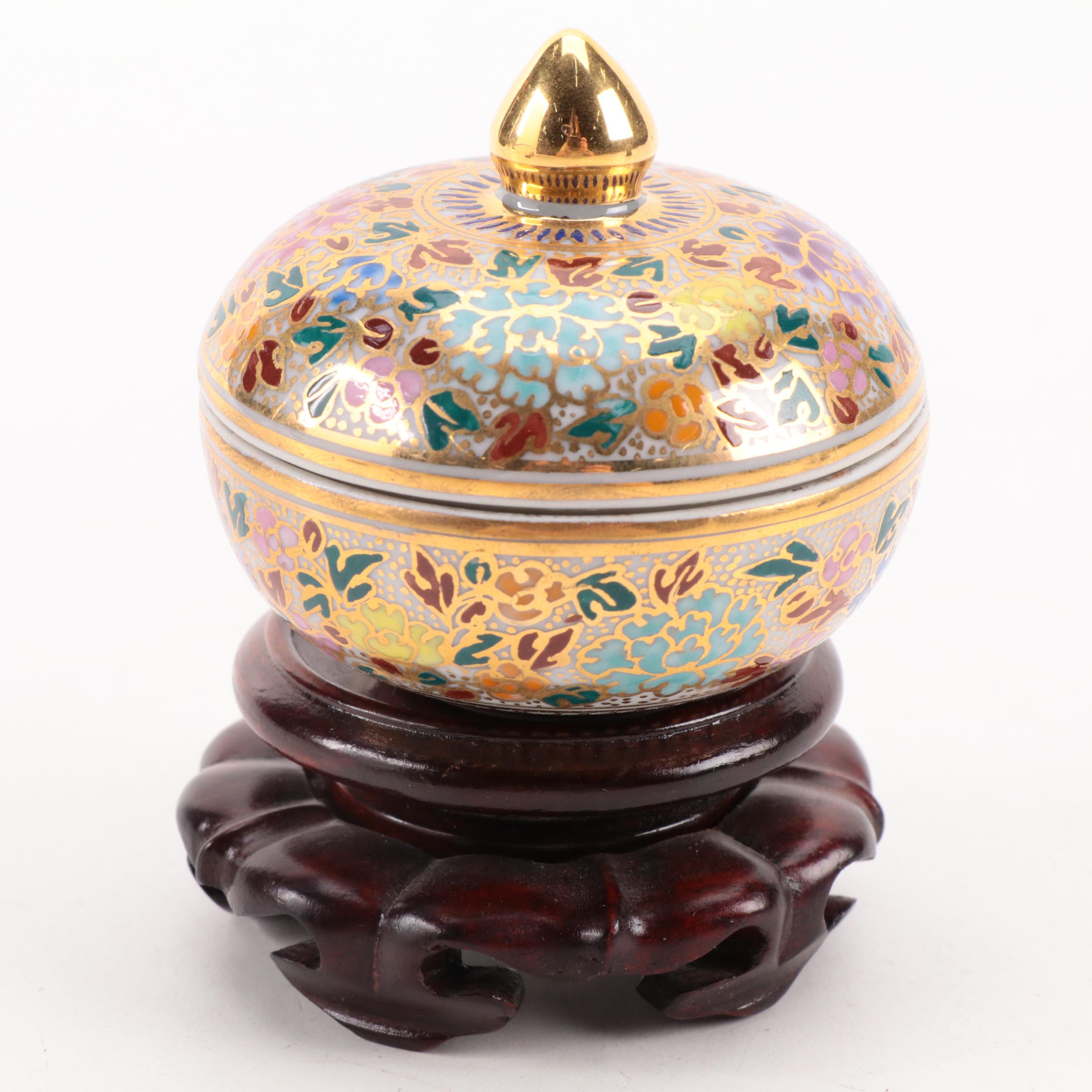 Thai Benjarong Porcelain Jars with Tibetan Silver Jar and Wooden Stands