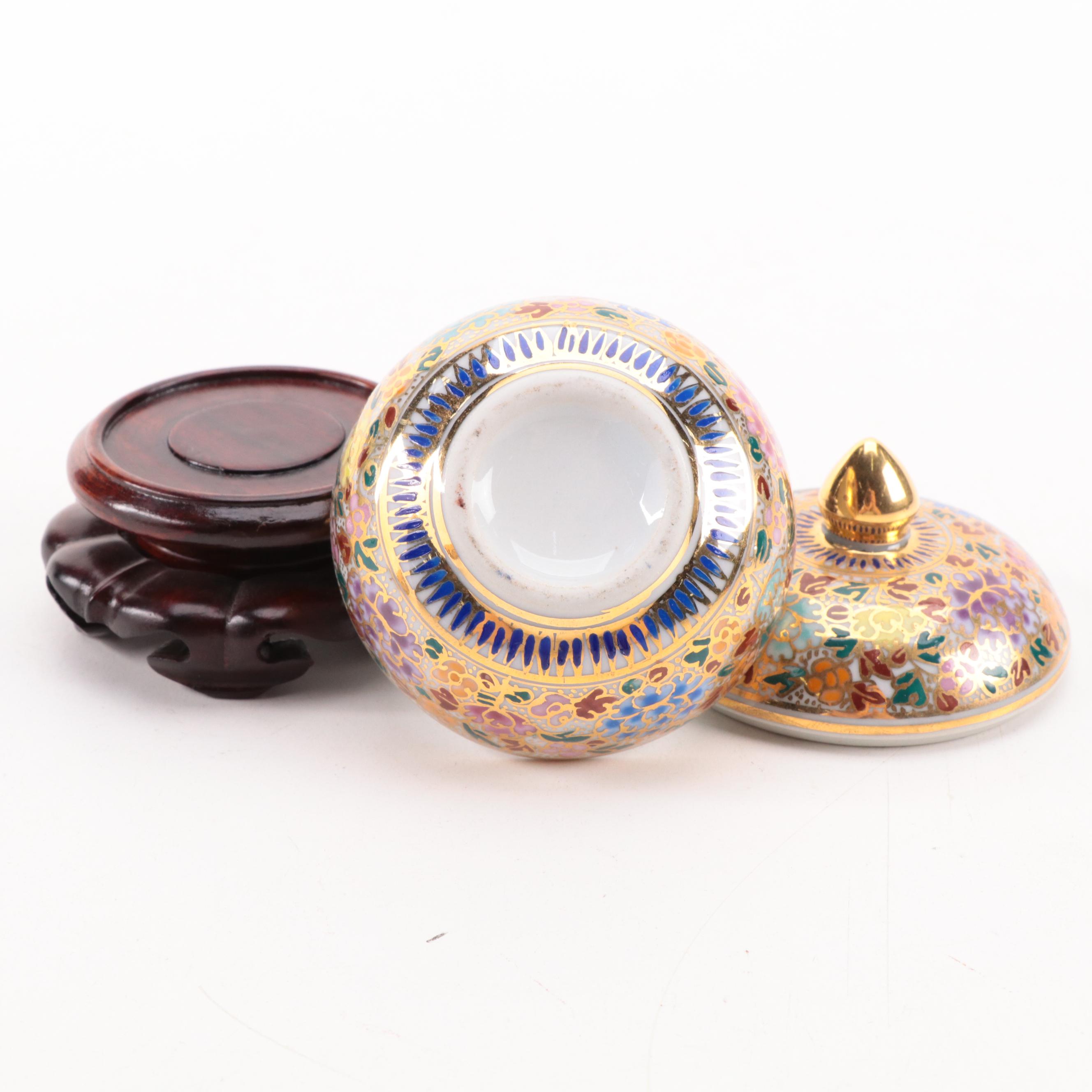 Thai Benjarong Porcelain Jars with Tibetan Silver Jar and Wooden Stands